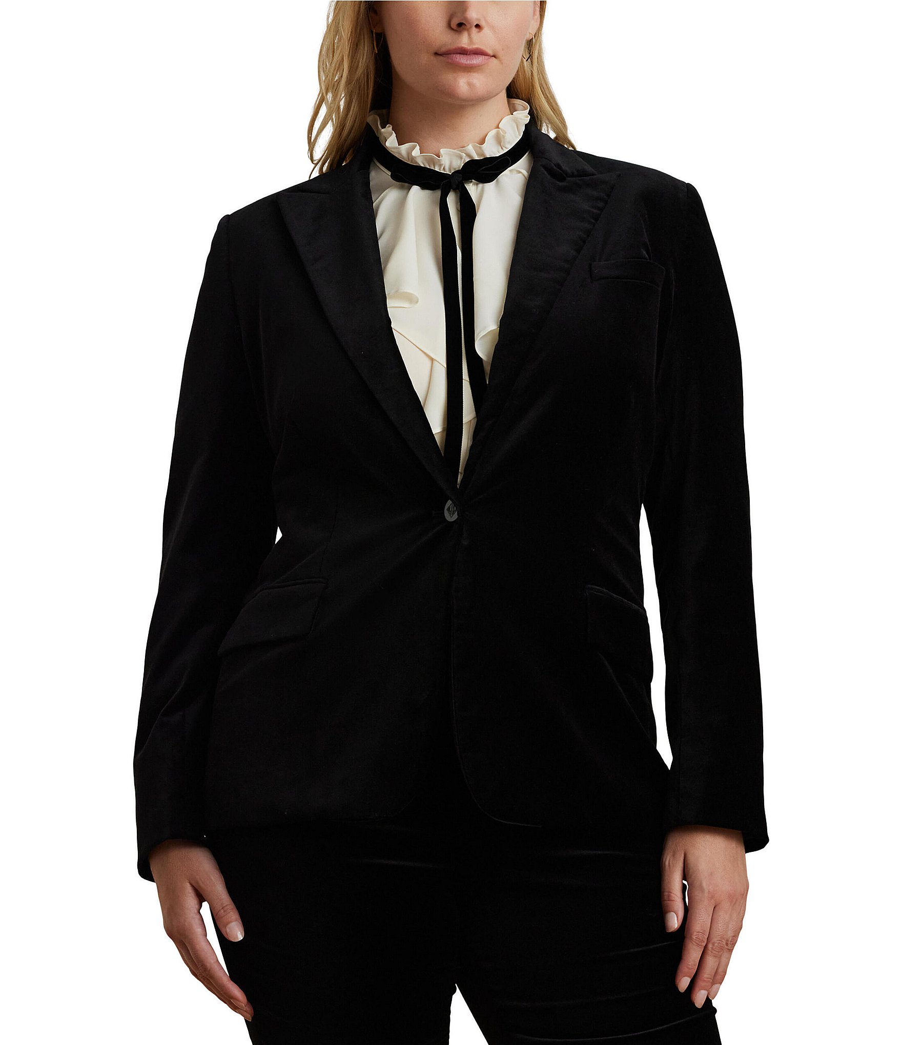 Lauren Ralph Lauren Plus Size Soft Stretch Peak Lapel Collar Long Sleeve One Button Velvet Blazer Dillard s