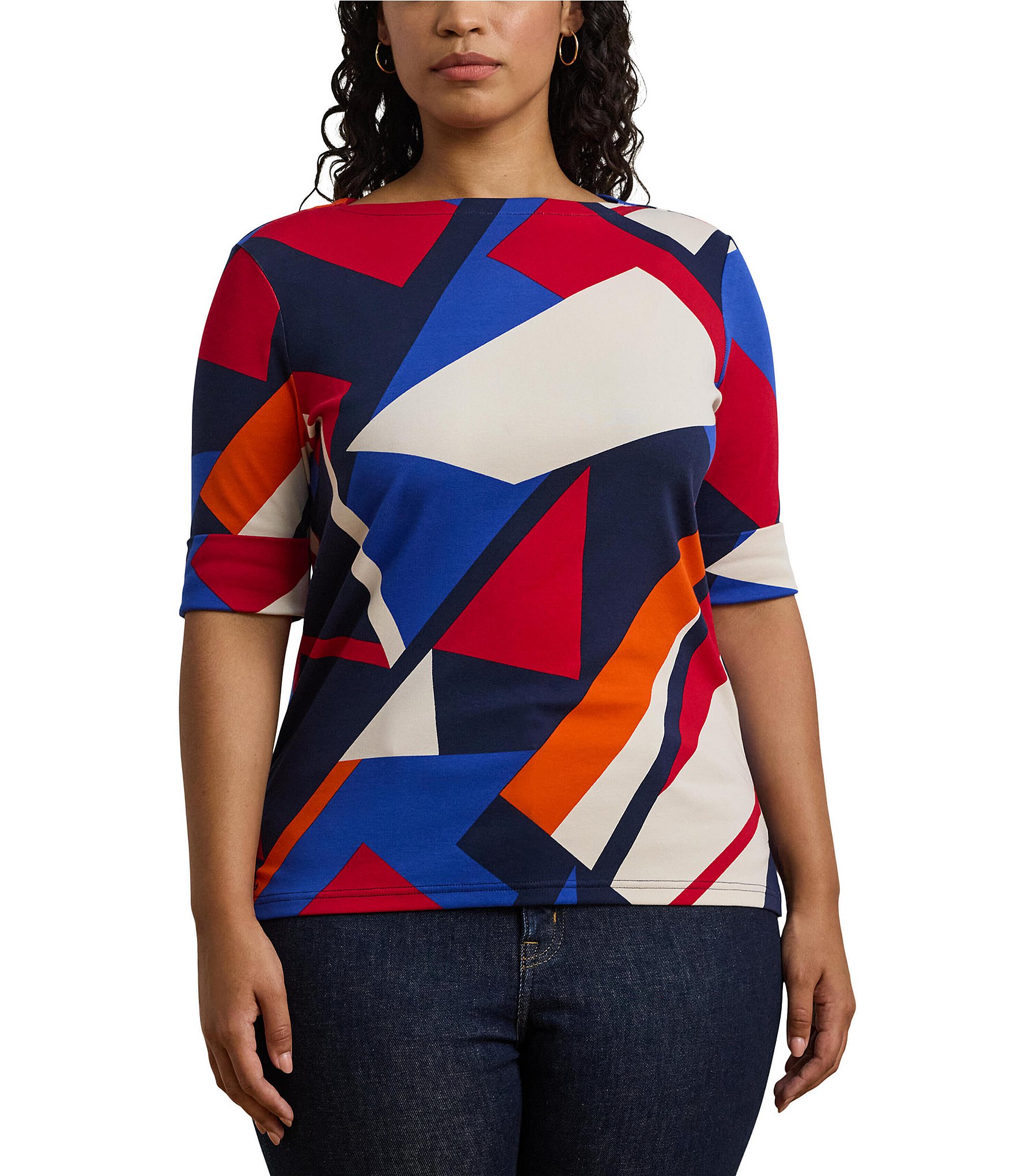 Lauren Ralph Lauren Plus Size Stretch Cotton Abstract Print Boat Neck Elbow Length Sleeve Tee Top