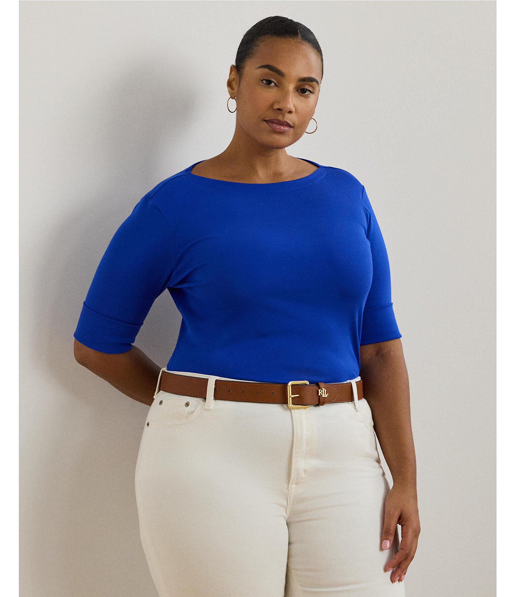 Lauren Ralph Lauren Plus Size Stretch Cotton Boat Neck Elbow Length Sleeve Top