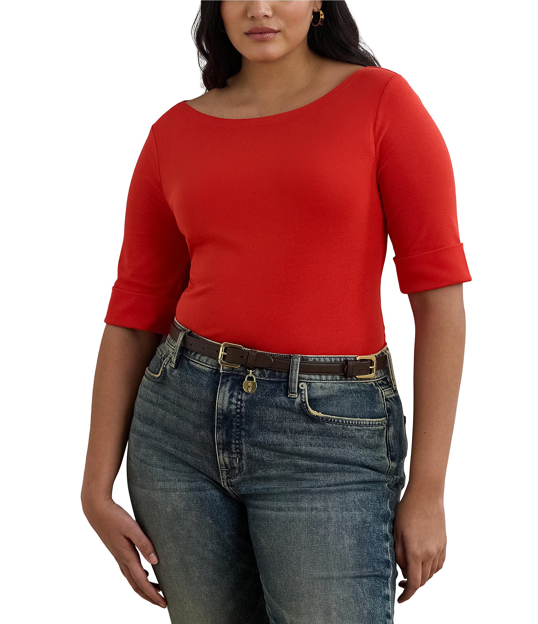 Lauren Ralph Lauren Plus Size Stretch Cotton Boat Neck Short Folded Elbow Sleeve Top