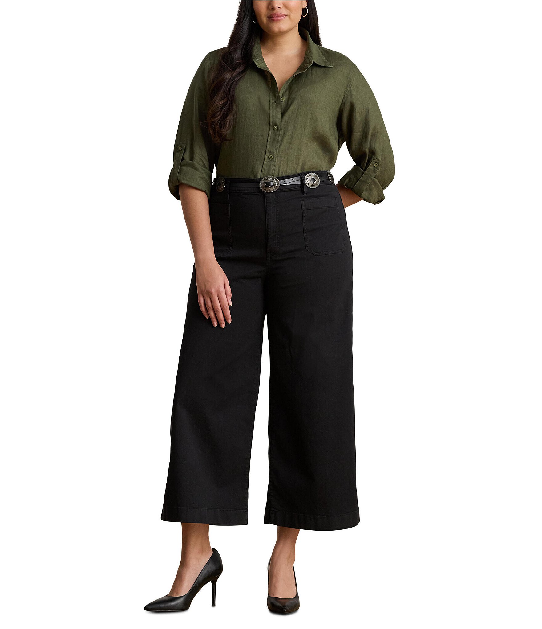Lauren Ralph Lauren Plus Size Stretch Cotton Chino High Rise Wide Leg Pants