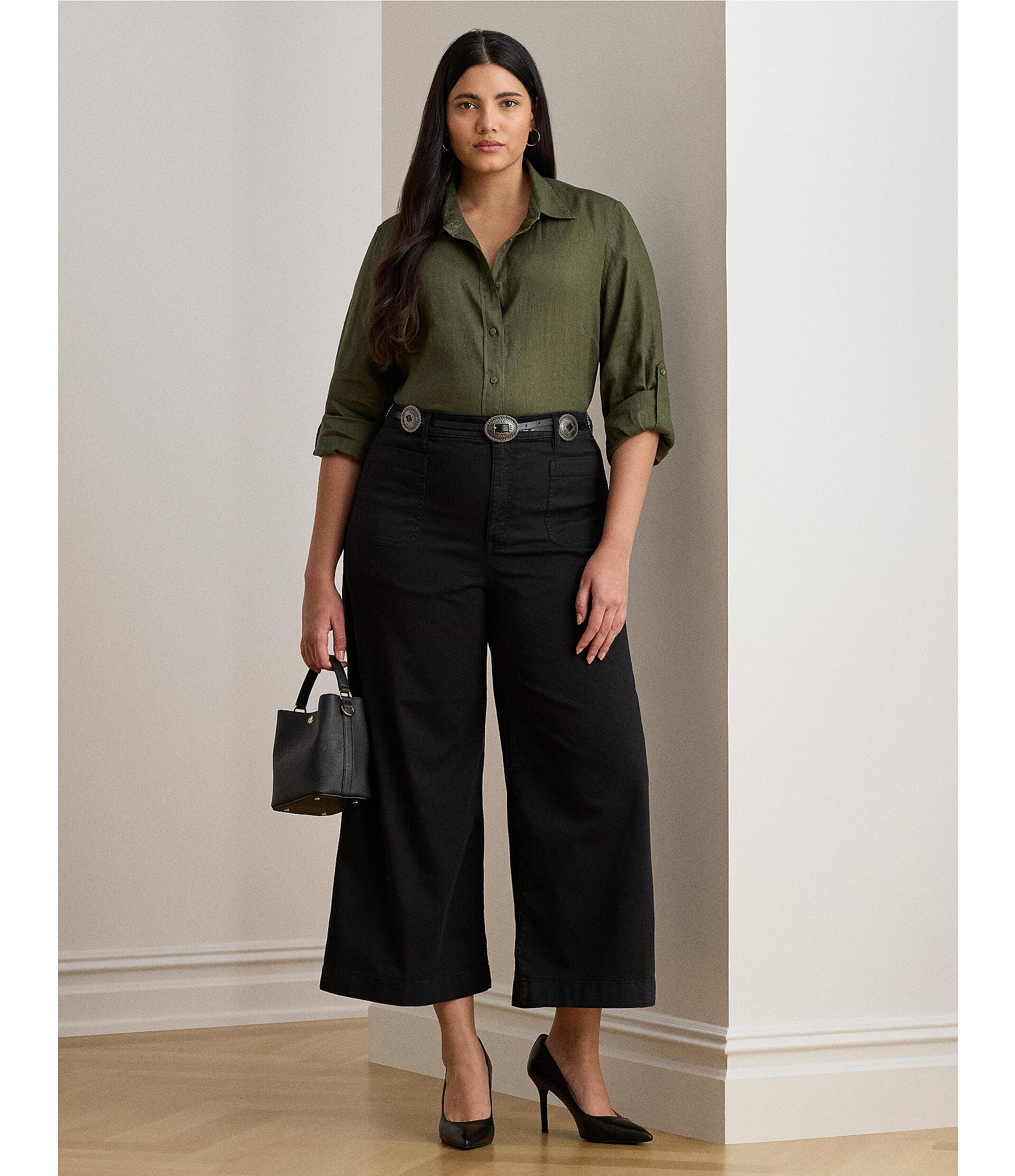 Lauren Ralph Lauren Plus Size Stretch Cotton Chino High Rise Wide Leg Pants