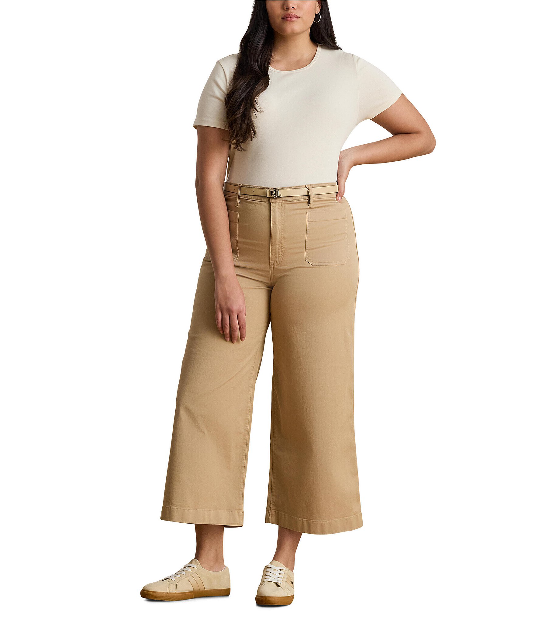 Lauren Ralph Lauren Plus Size Stretch Cotton High Rise Wide Leg Cropped Pants