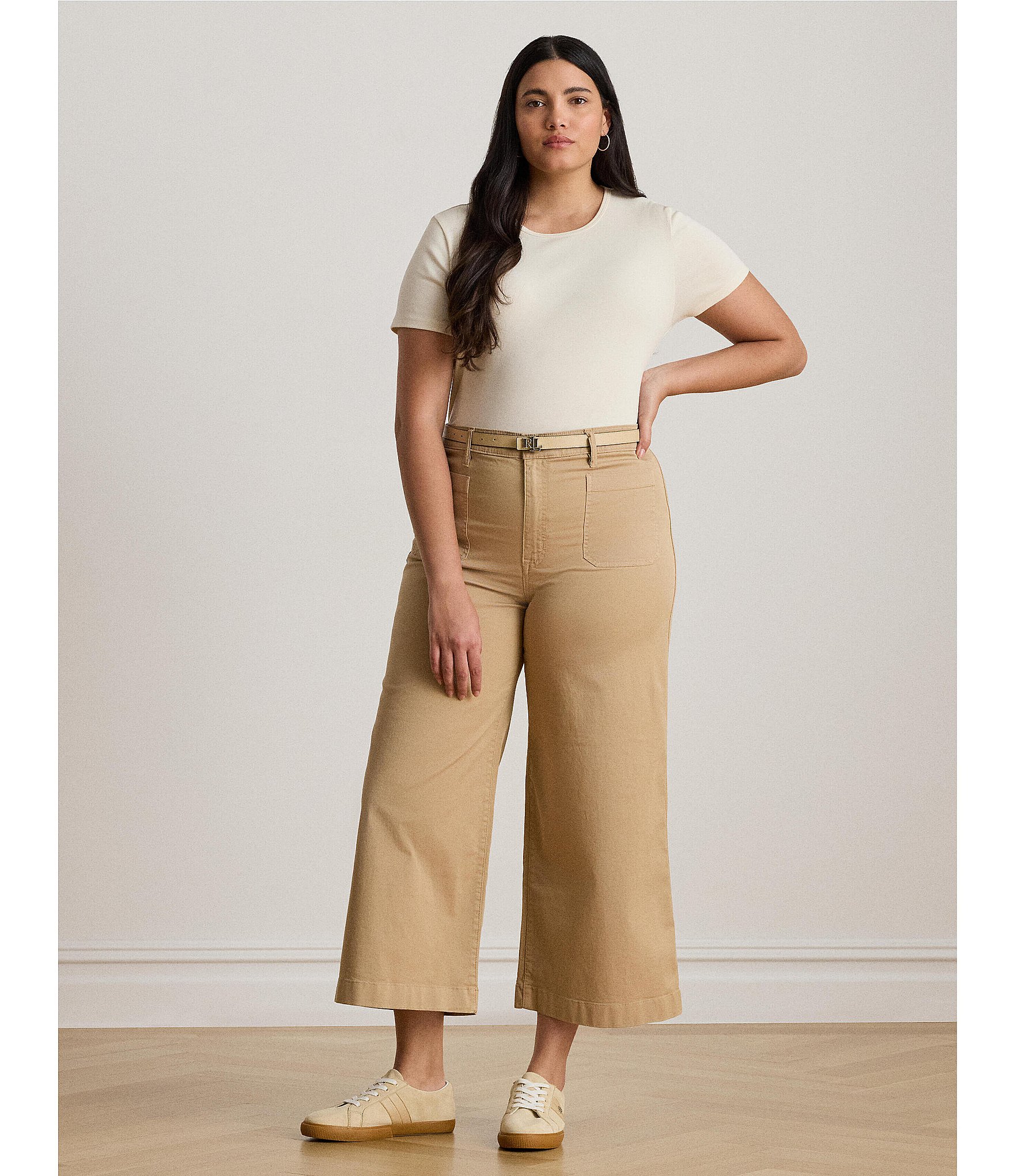 Lauren Ralph Lauren Plus Size Stretch Cotton High Rise Wide Leg Cropped Pants