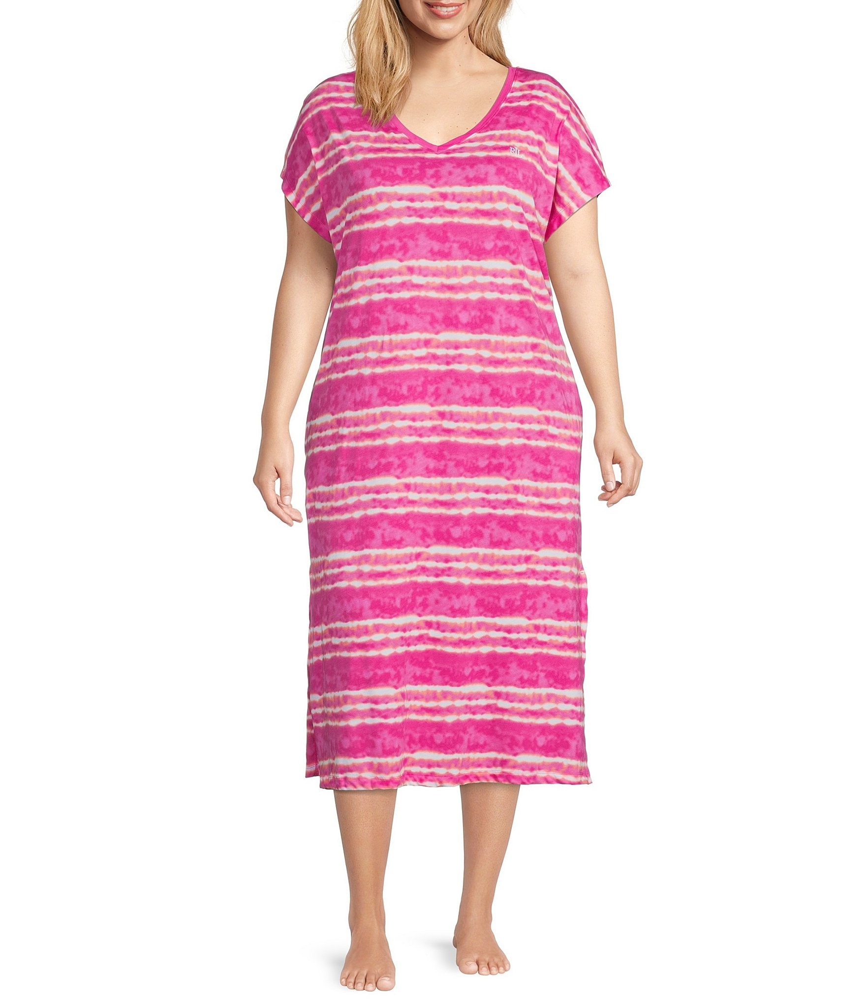 Lauren Ralph Lauren Plus Size Stripe Print French Terry Crew Neck Short Sleeve Nightgown Dillards 0842