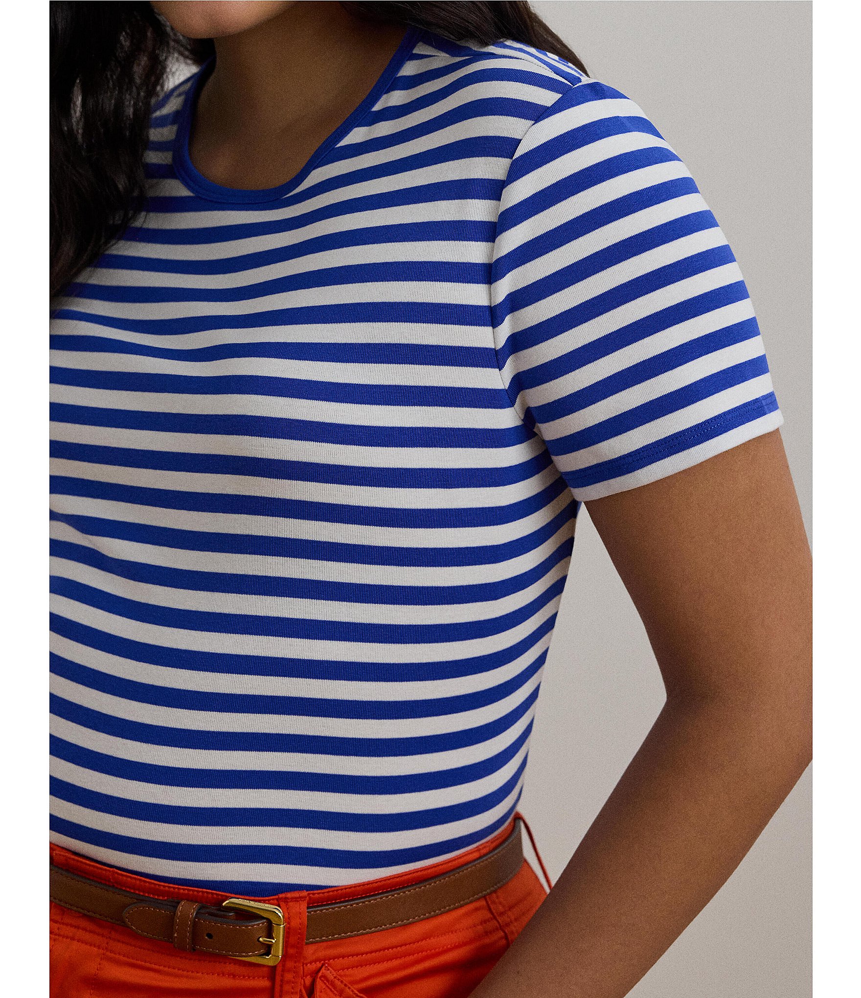 Lauren Ralph Lauren Plus Size Stripe Ribbed Crew Neck Short Sleeve T-Shirt