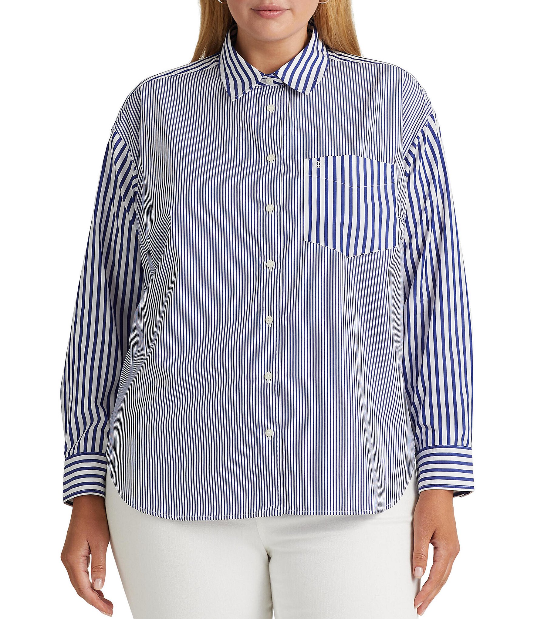 Lauren Ralph Lauren Plus Size Striped Print Cotton Long Sleeve Button ...