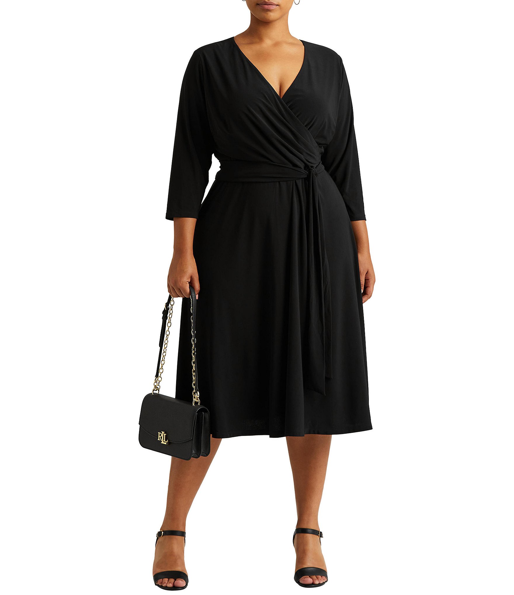 Lauren Ralph Lauren Plus Size Surplice V-Neck 3/4 Sleeve Matte Jersey  A-Line Midi Dress | Dillard's
