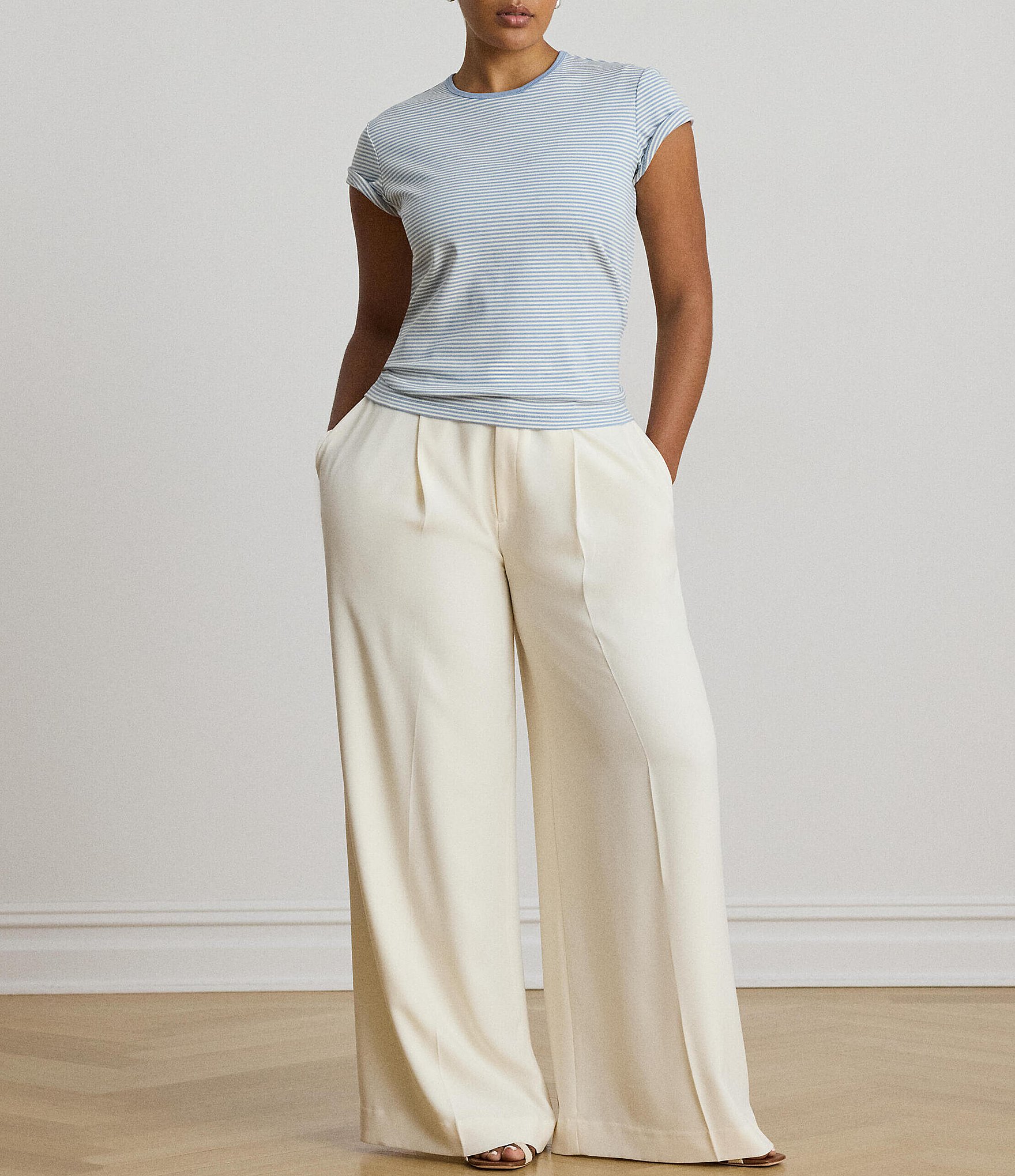 Lauren Ralph Lauren Plus Stretch Stripe Ribbed Knit Stripe Crew Neck Short Sleeve Tee Shirt