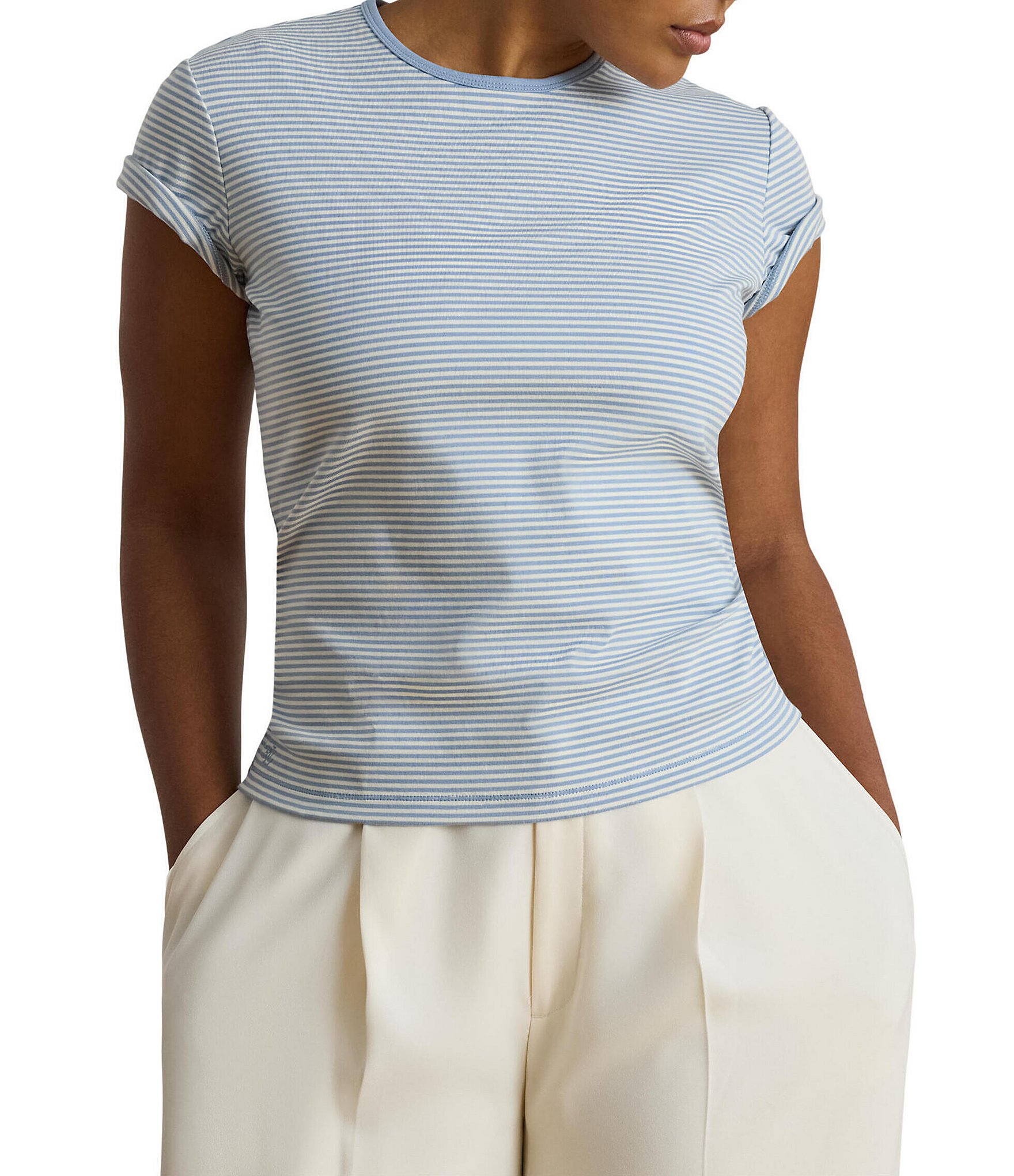 Lauren Ralph Lauren Plus Stretch Stripe Ribbed Knit Stripe Crew Neck Short Sleeve Tee Shirt