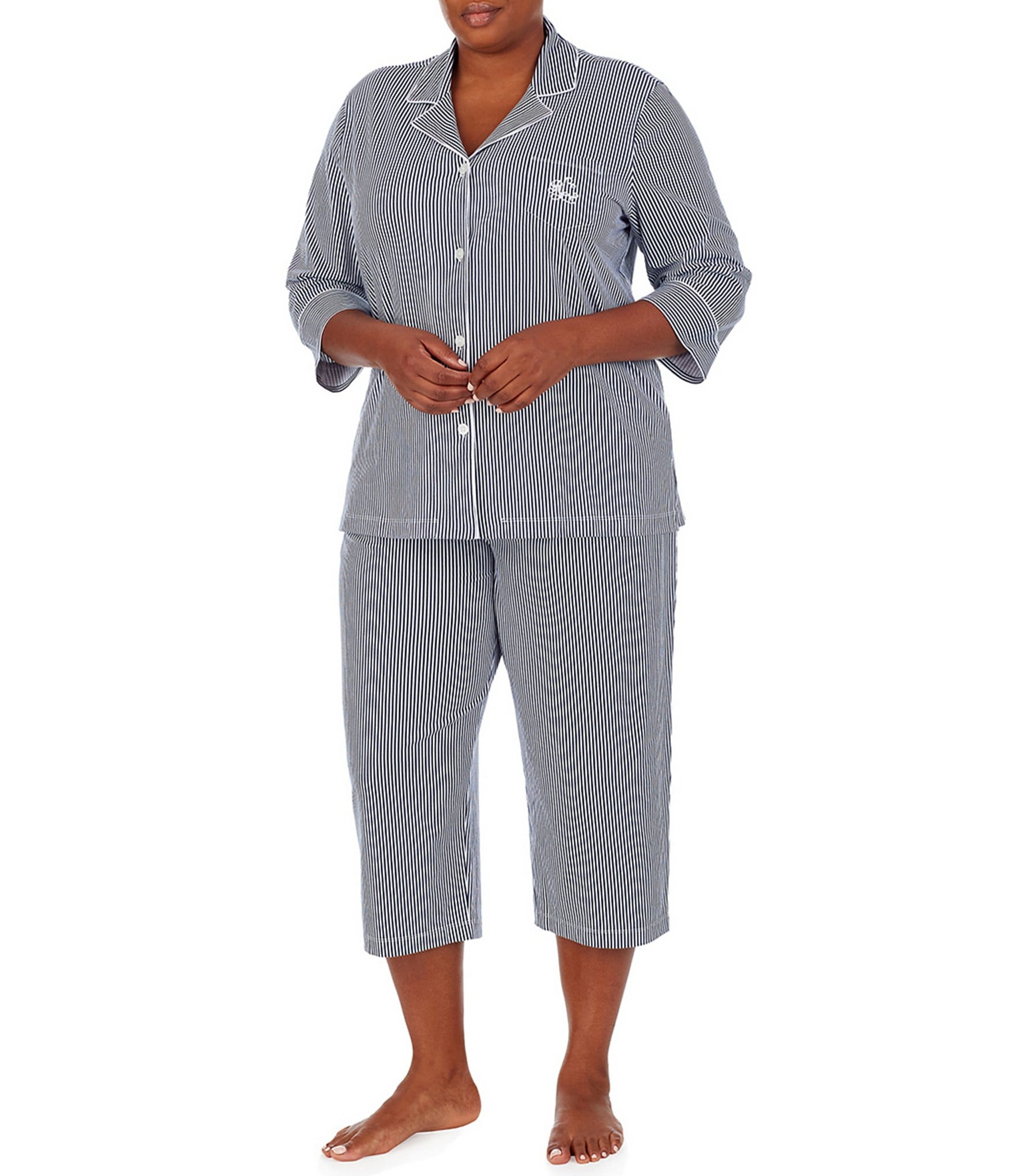 Lauren Ralph Lauren Plus Size Striped Print Notch Collar 3/4 Sleeve Button  Front Jersey Knit Capri Pajama Set | Dillard's
