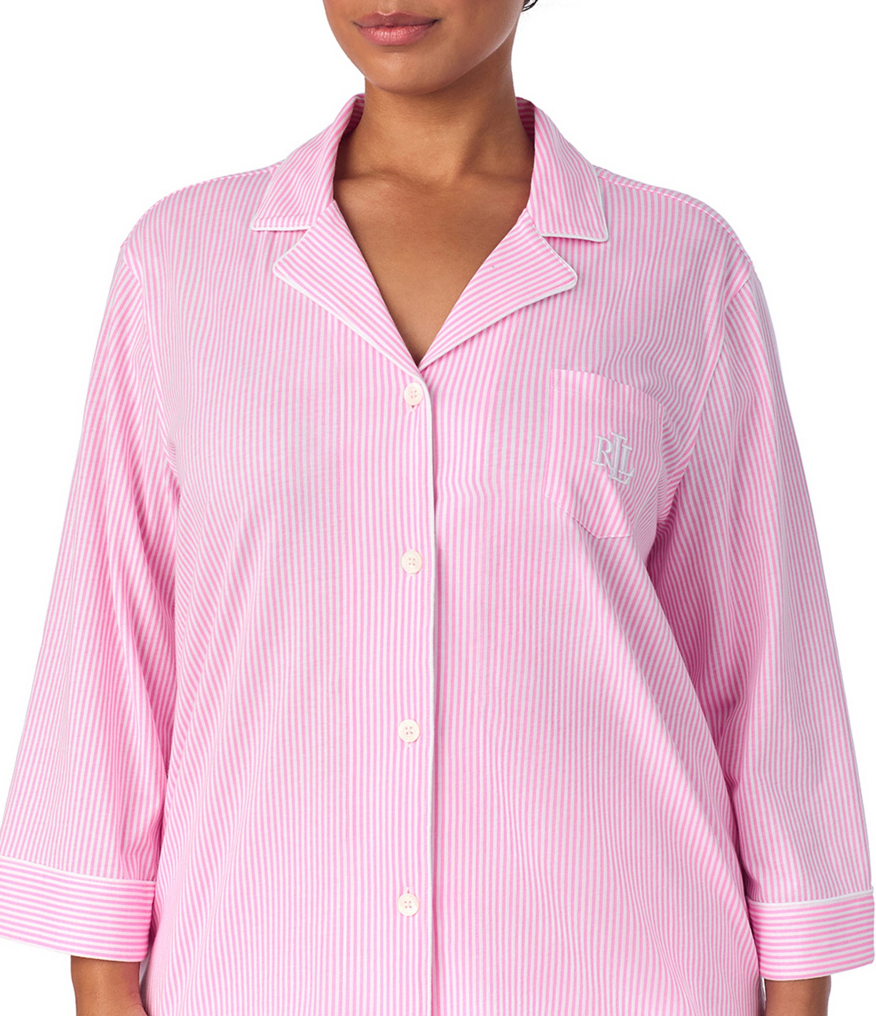 Lauren Ralph Lauren Plus Size Striped Print Notch Collar 3/4 Sleeve Button Front Jersey Knit Capri Pajama Set