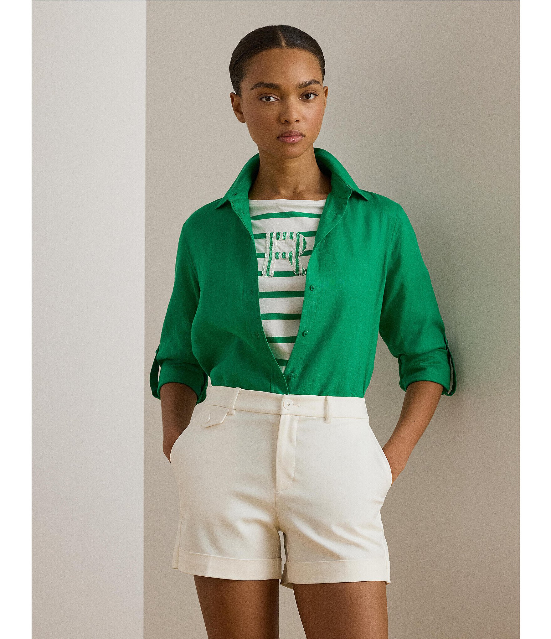 Lauren Ralph Lauren Point Collar Long Roll-Tab Sleeve Button Front Linen Shirt