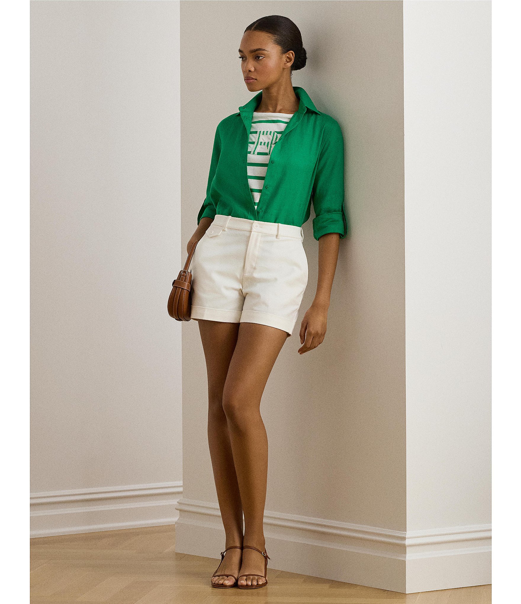 Lauren Ralph Lauren Point Collar Long Roll-Tab Sleeve Button Front Linen Shirt