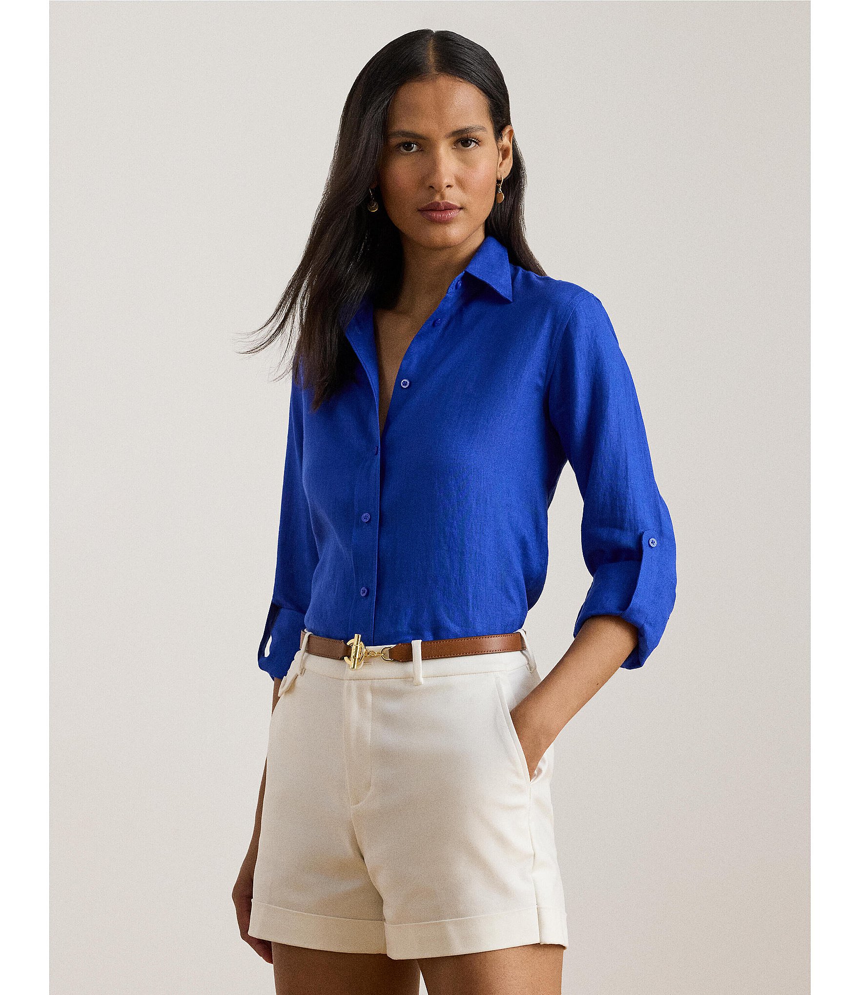 Lauren Ralph Lauren Point Collar Long Sleeve Button Front Linen Shirt