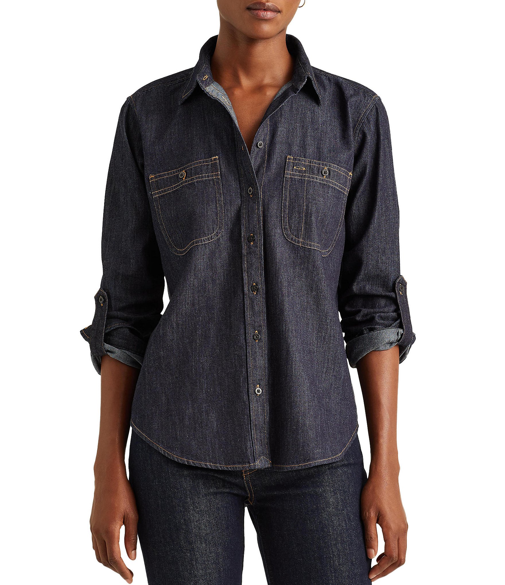Lauren Ralph Lauren Point Collar Long Roll-Tab Sleeve Button Front Denim  Shirt | Dillard's