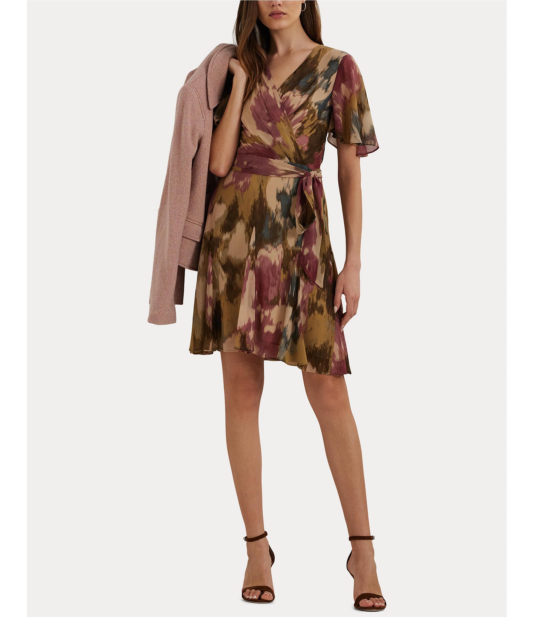 Lauren Ralph Lauren Printed Crinkle Georgette Surplice Neck Flutter Sleeve Pleated Self Belted Mini Dress