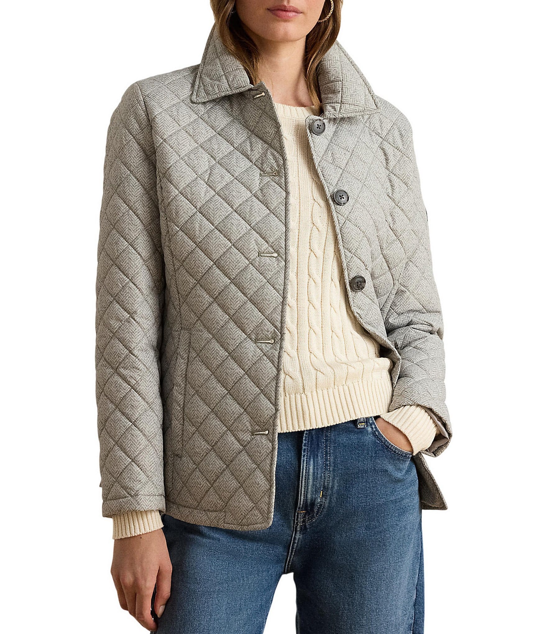 Lauren Ralph Lauren Printed Point Collar Button Front Quilted Jacket