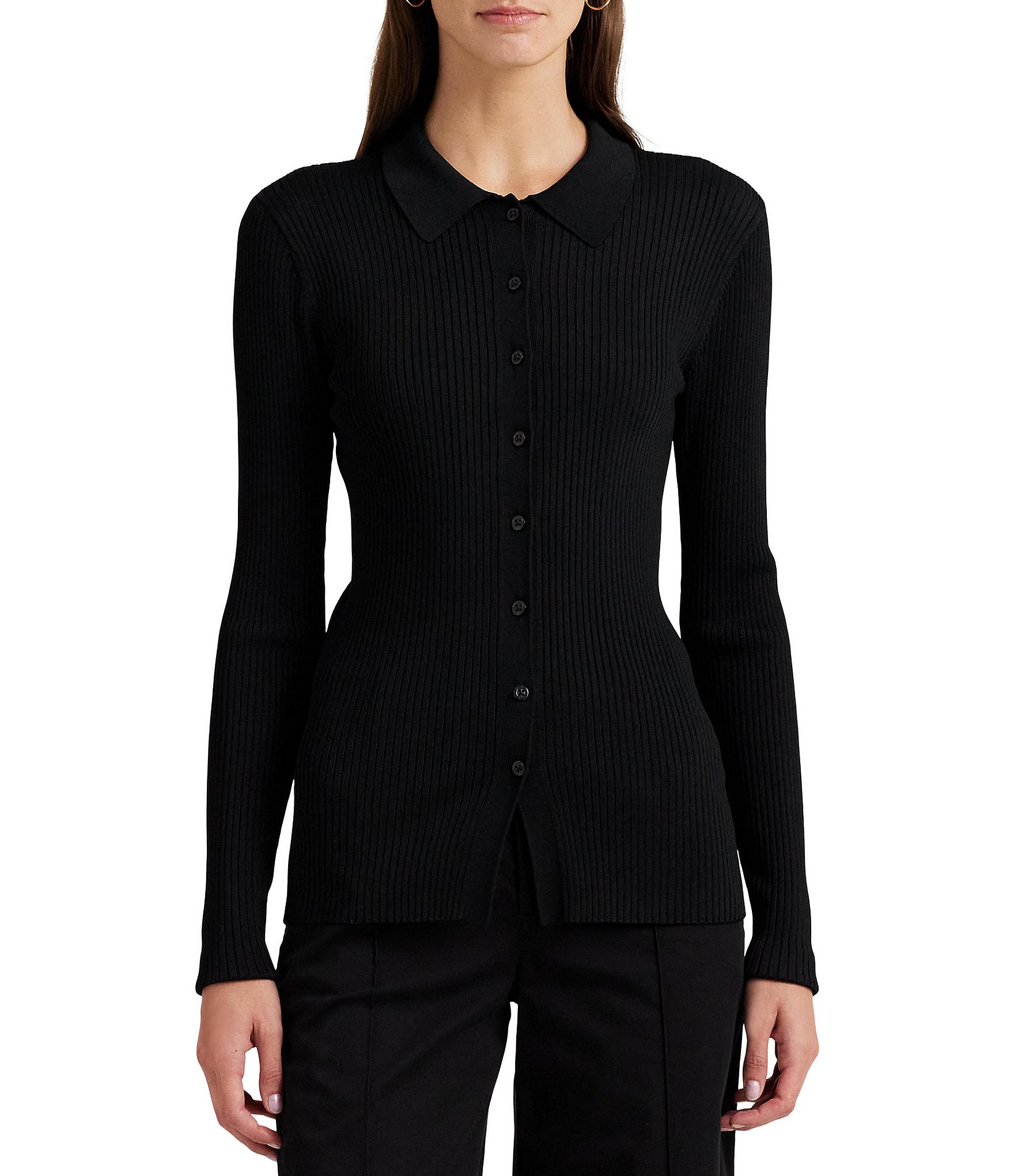 Lauren Ralph Lauren Rib Knit Long Sleeve Polo Cardigan | Dillard's