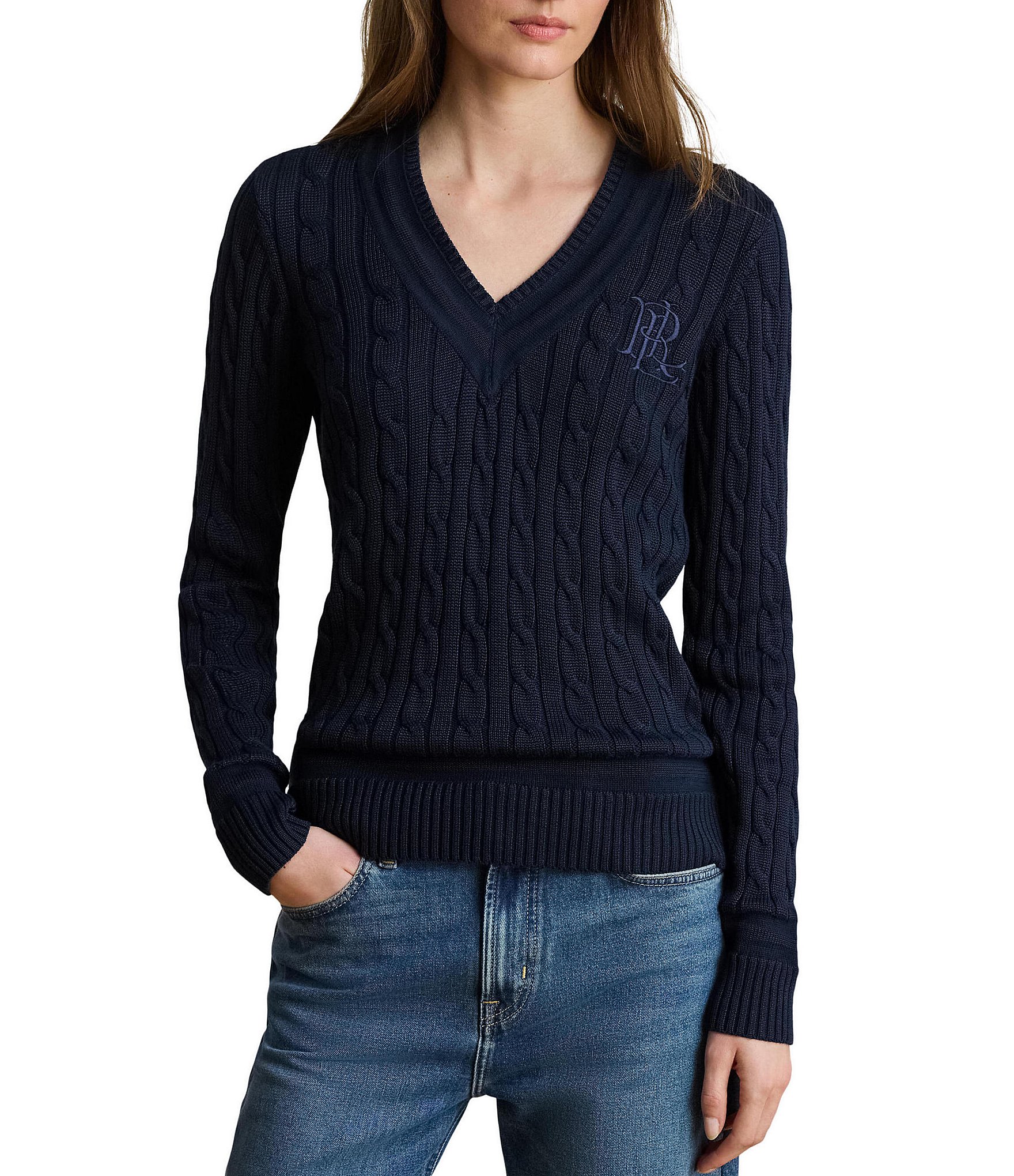 Lauren Ralph Lauren Ribbed Knit V-Neck Long Sleeve Cricket Sweater Top