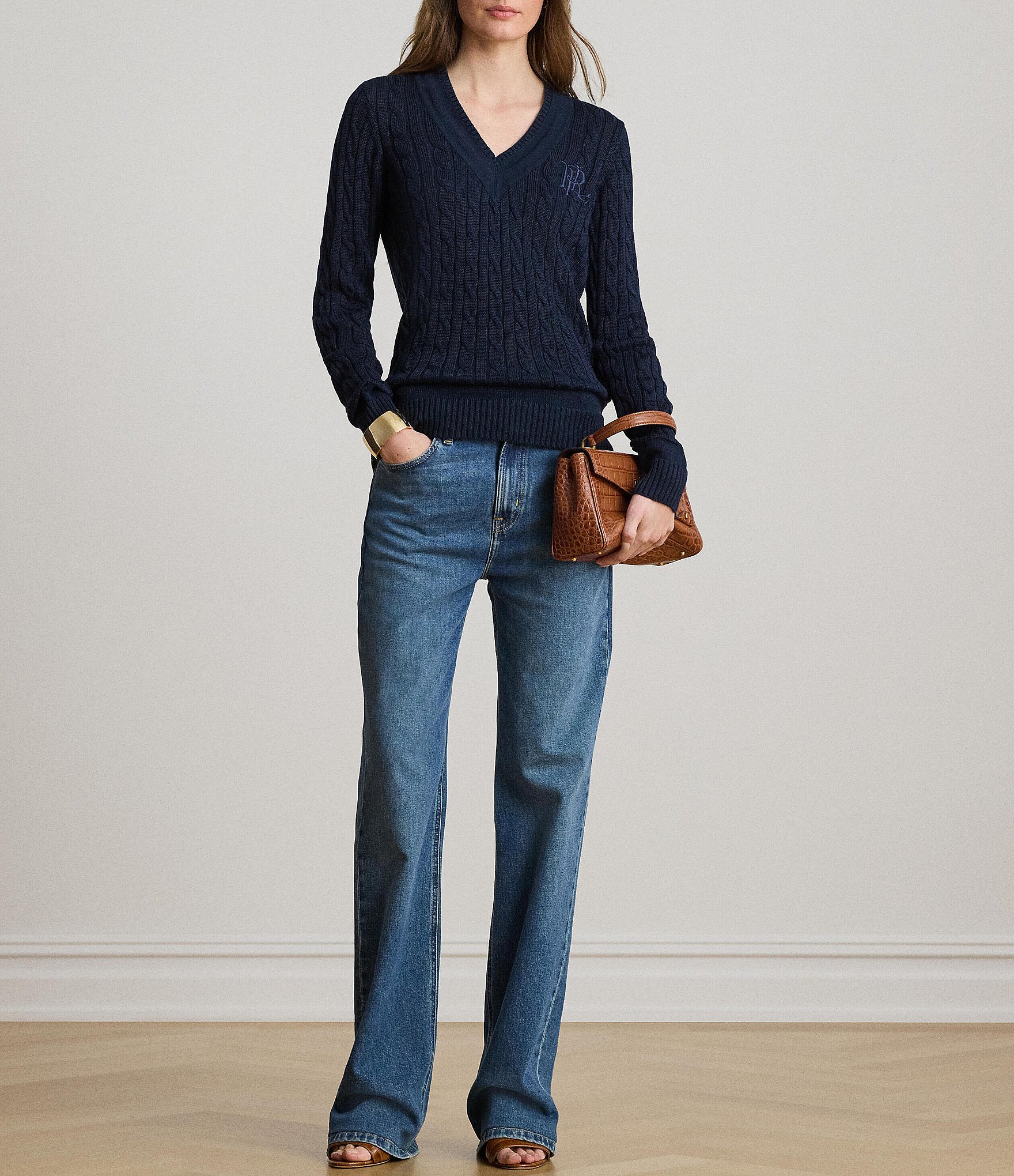 Lauren Ralph Lauren Ribbed Knit V-Neck Long Sleeve Cricket Sweater Top