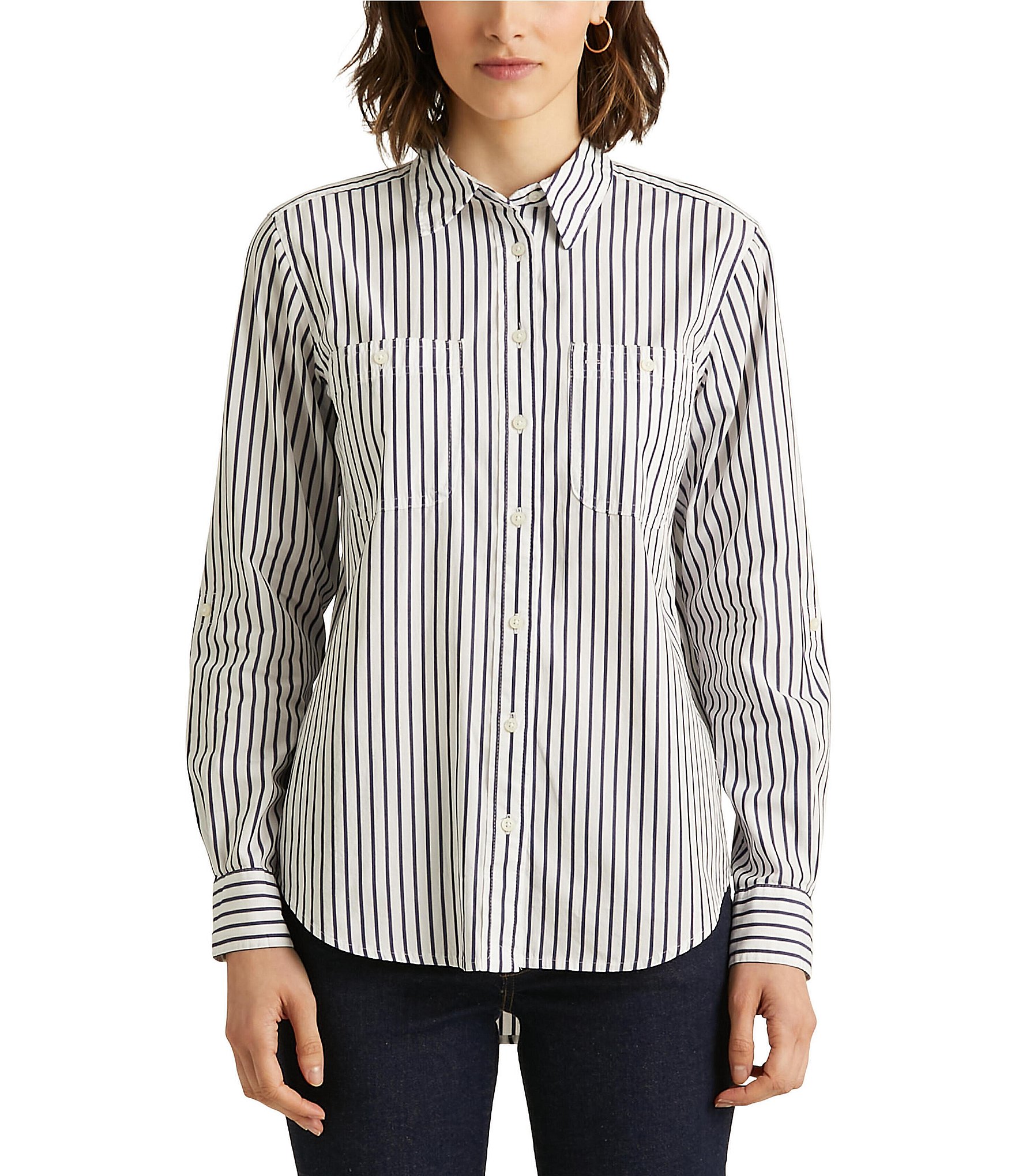 Lauren Ralph Lauren Striped Cotton Shirt - White/Indigo - Size XS
