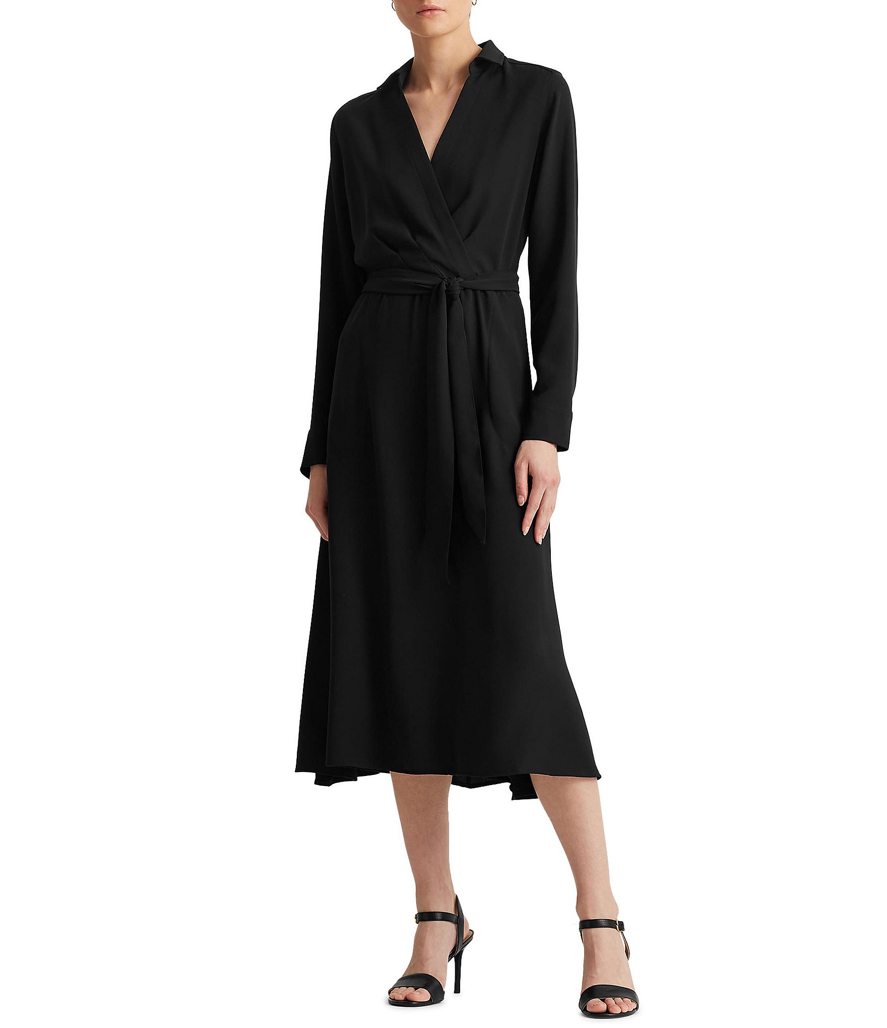 Lauren Ralph Lauren Faux Wrap Surplice V-Neck Point Collar Long Sleeve Midi  Shirt Dress | Dillard's