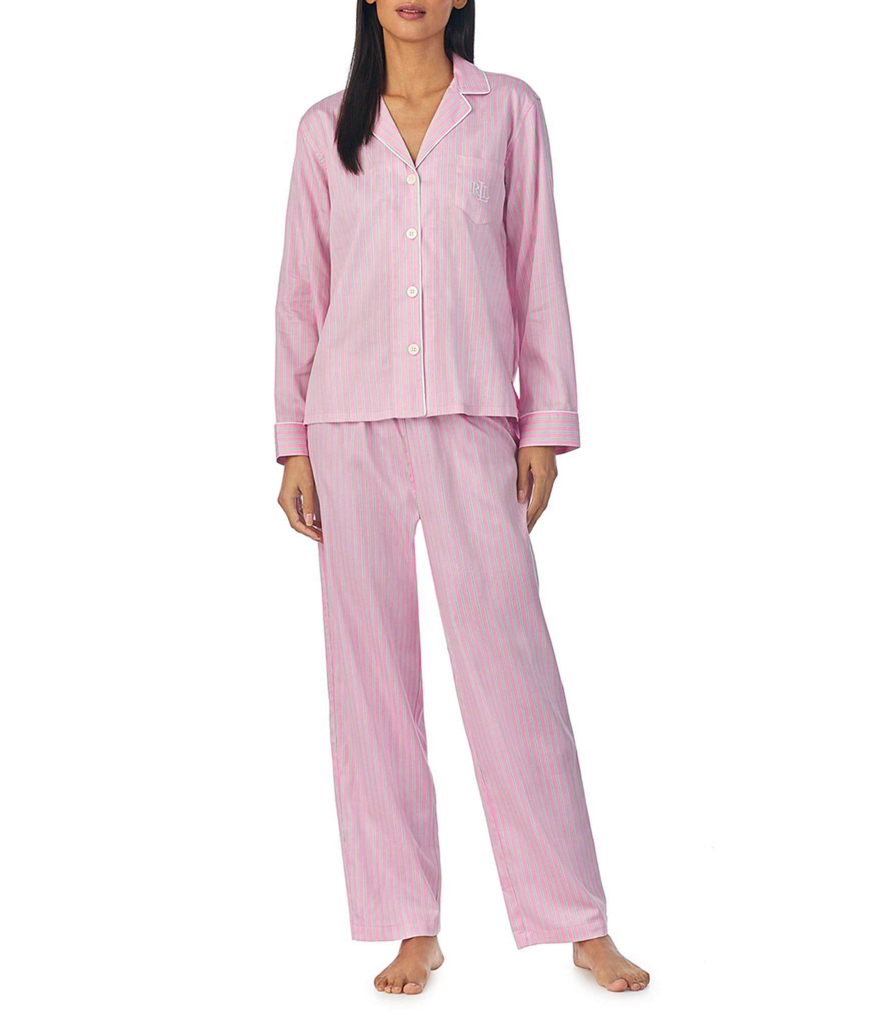 Lauren Ralph Lauren Women's Long Sleeve Notch Collar Long Pant Pajama Set, Pink, Large, Cotton