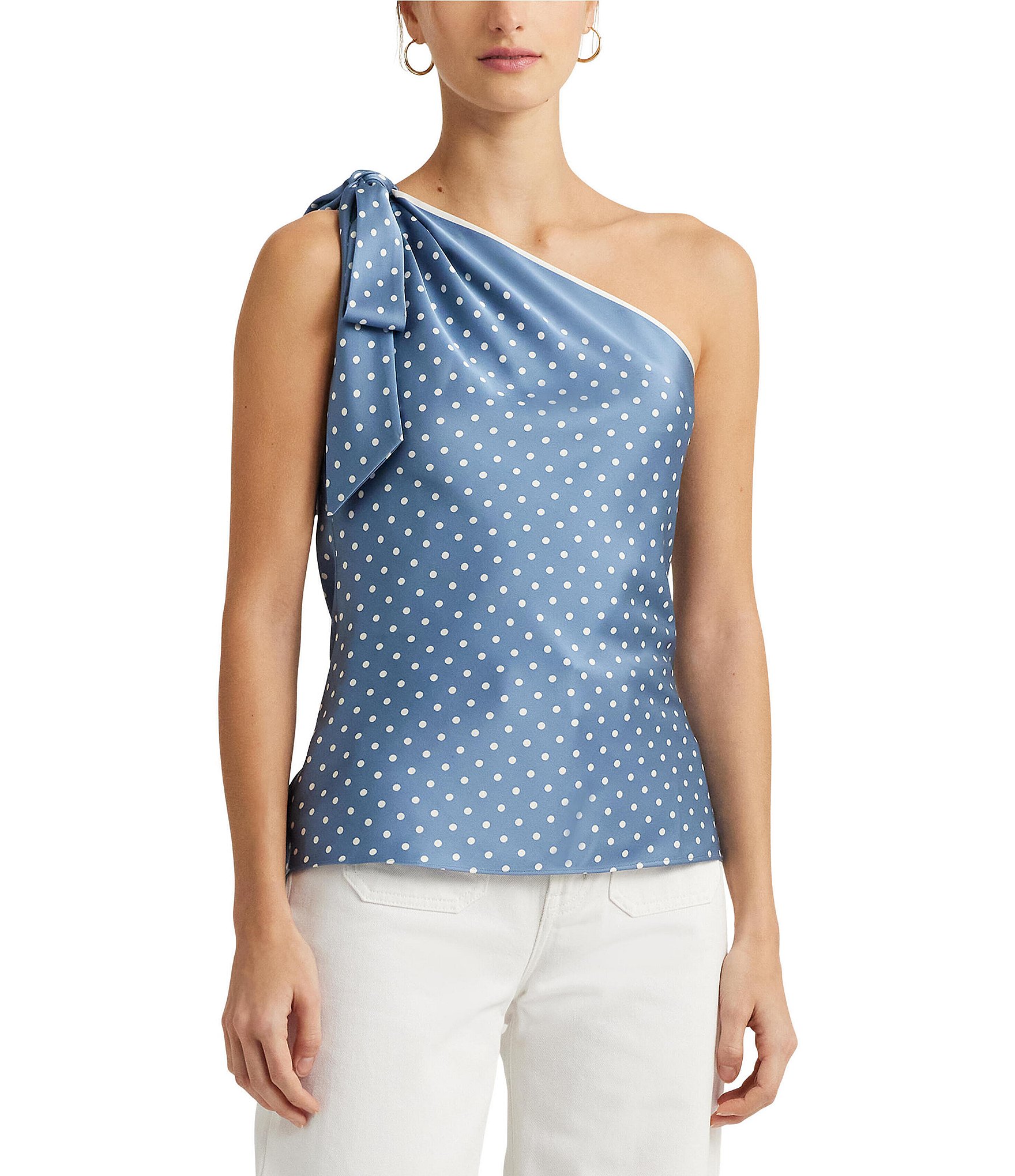 Lauren Ralph Lauren Satin Charmeuse Polka-Dot Print One-Shoulder 