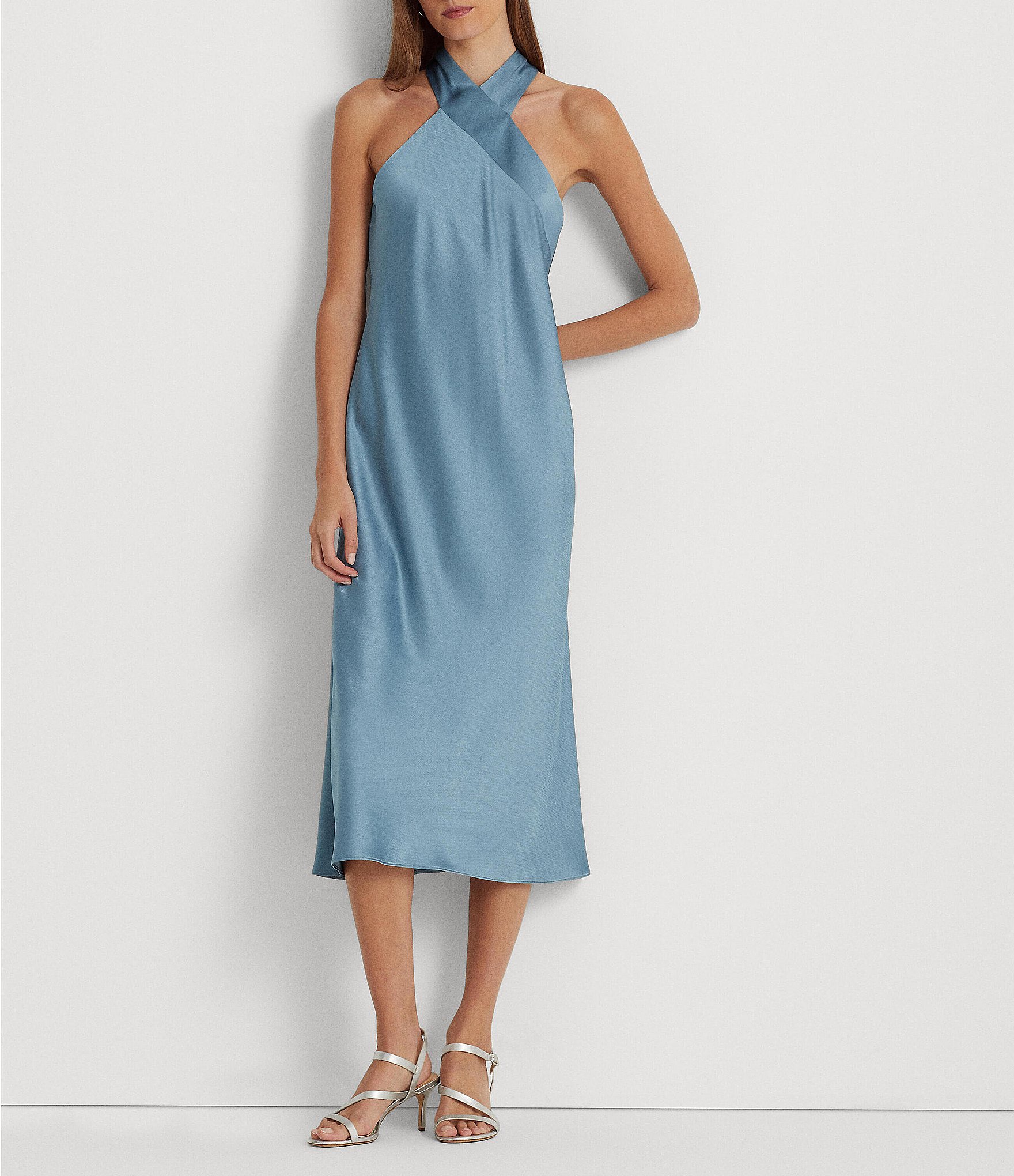 Lauren Ralph Lauren Satin Halter Neck Sleeveless A-Line Midi Dress ...