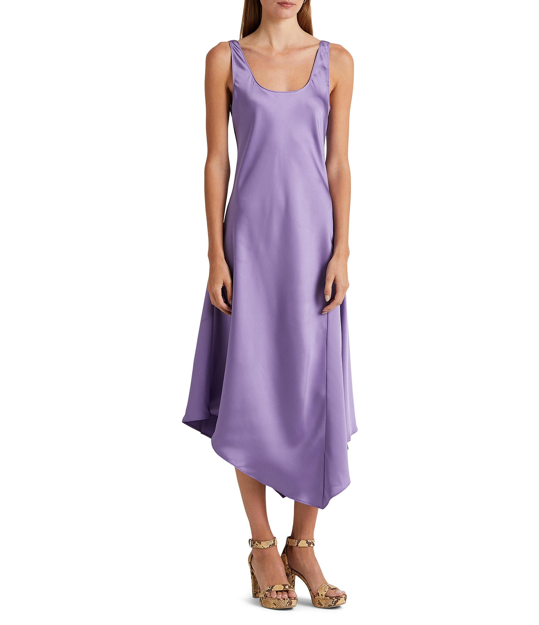 Lauren Ralph Lauren Satin Sleeveless Scoop Neck Asymmetrical Hemline Midi  Slip Dress
