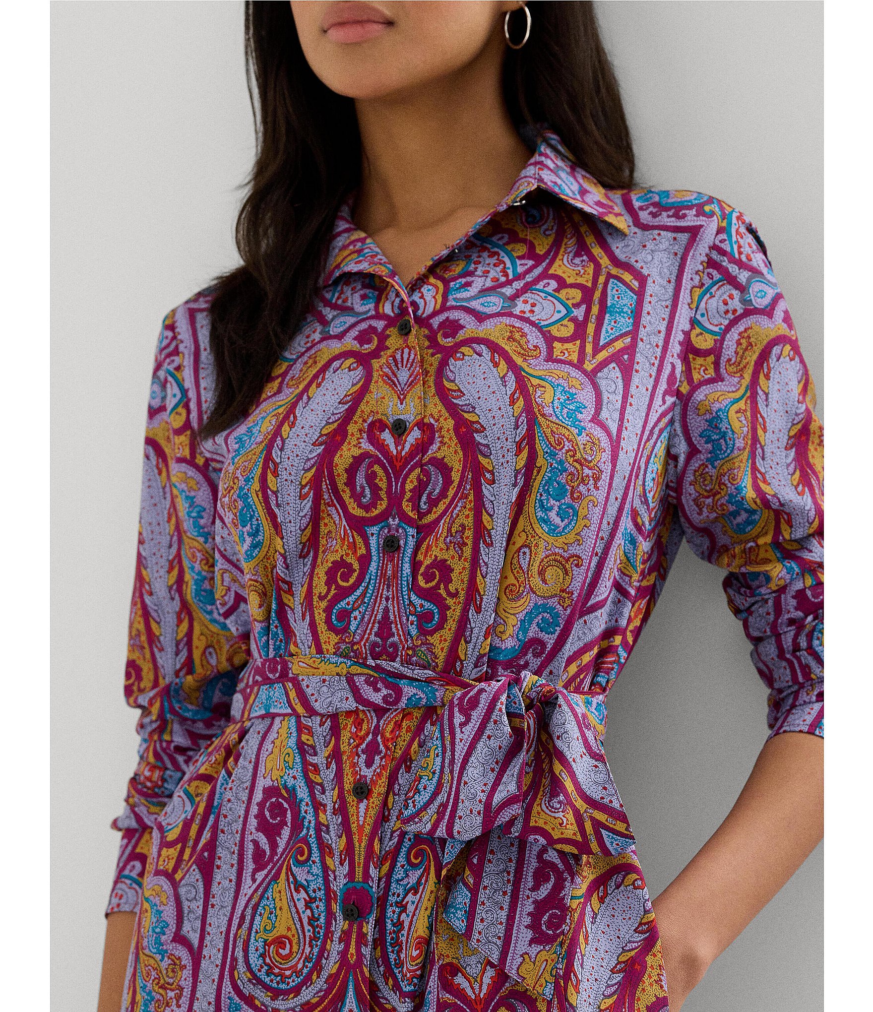 Lauren Ralph Lauren Crepe de Chine Paisley Belted Button-Front Shirt Dress