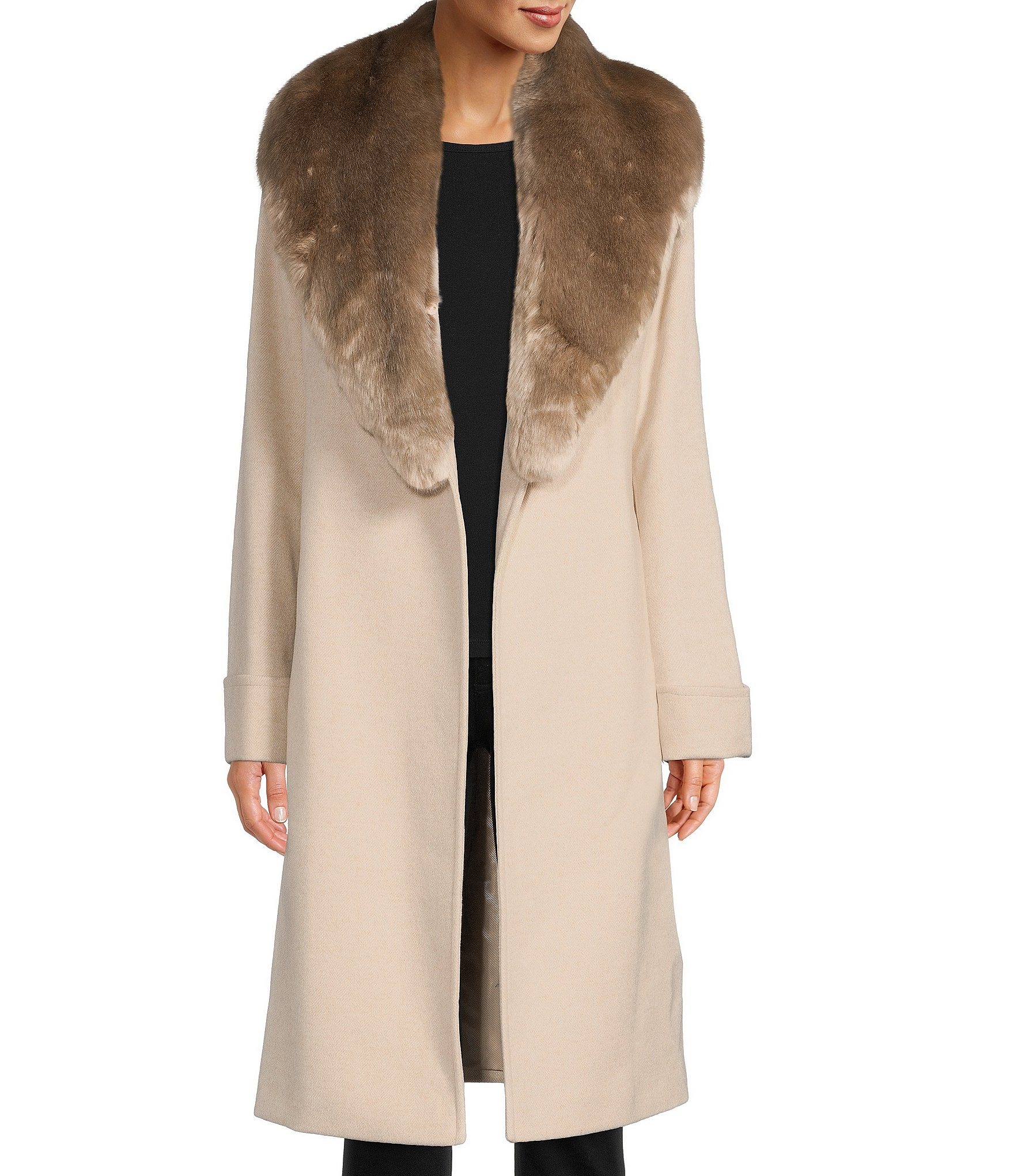 Lauren Ralph Lauren Shawl Collar Long Sleeve Faux Fur Wool Blend  Herringbone Wrap Coat | Dillard's