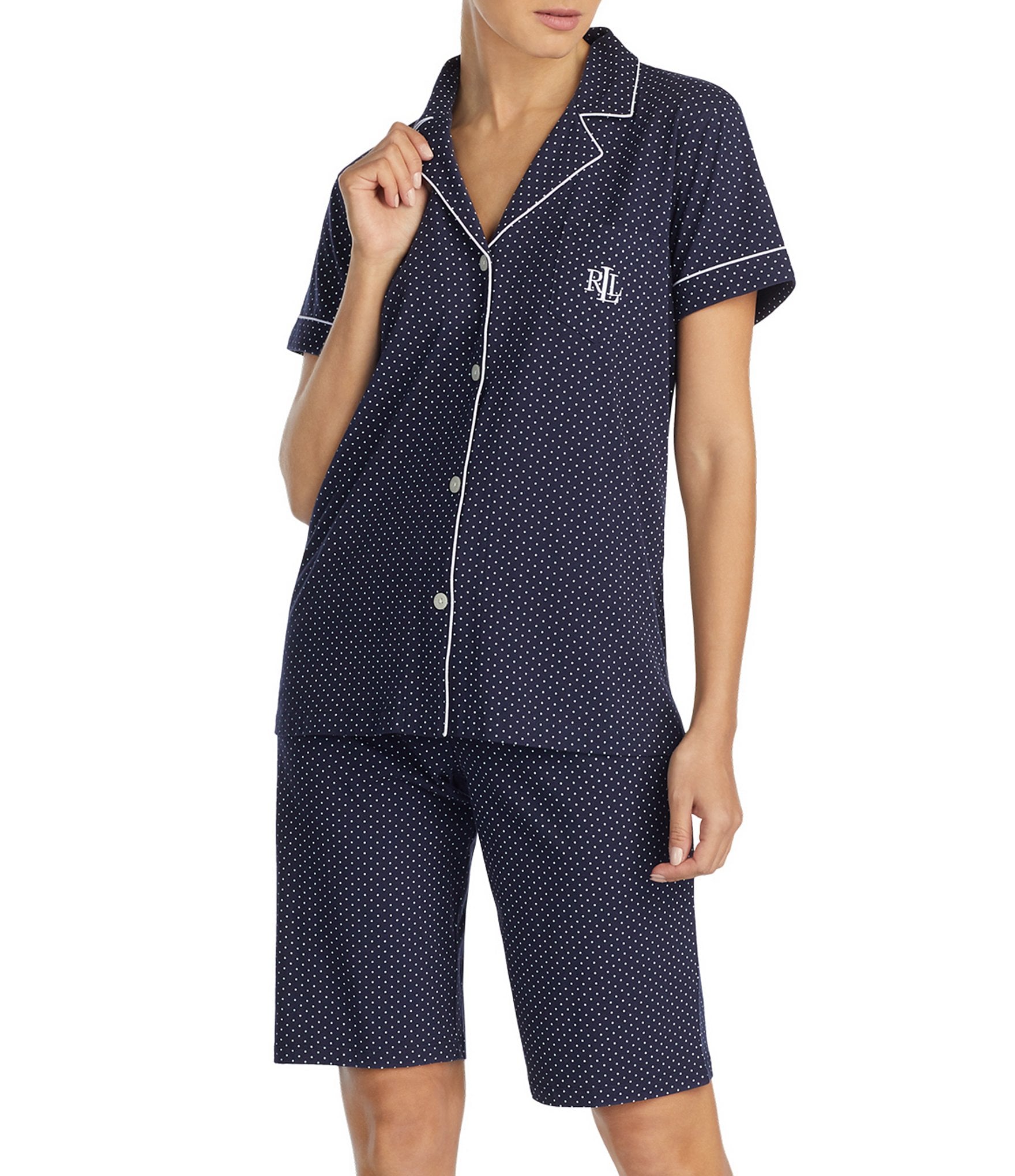 Lauren Ralph Women's Classic Knit Shirt & Bermuda Short 2-Piece Pajama Set - Blue/White - Size Small