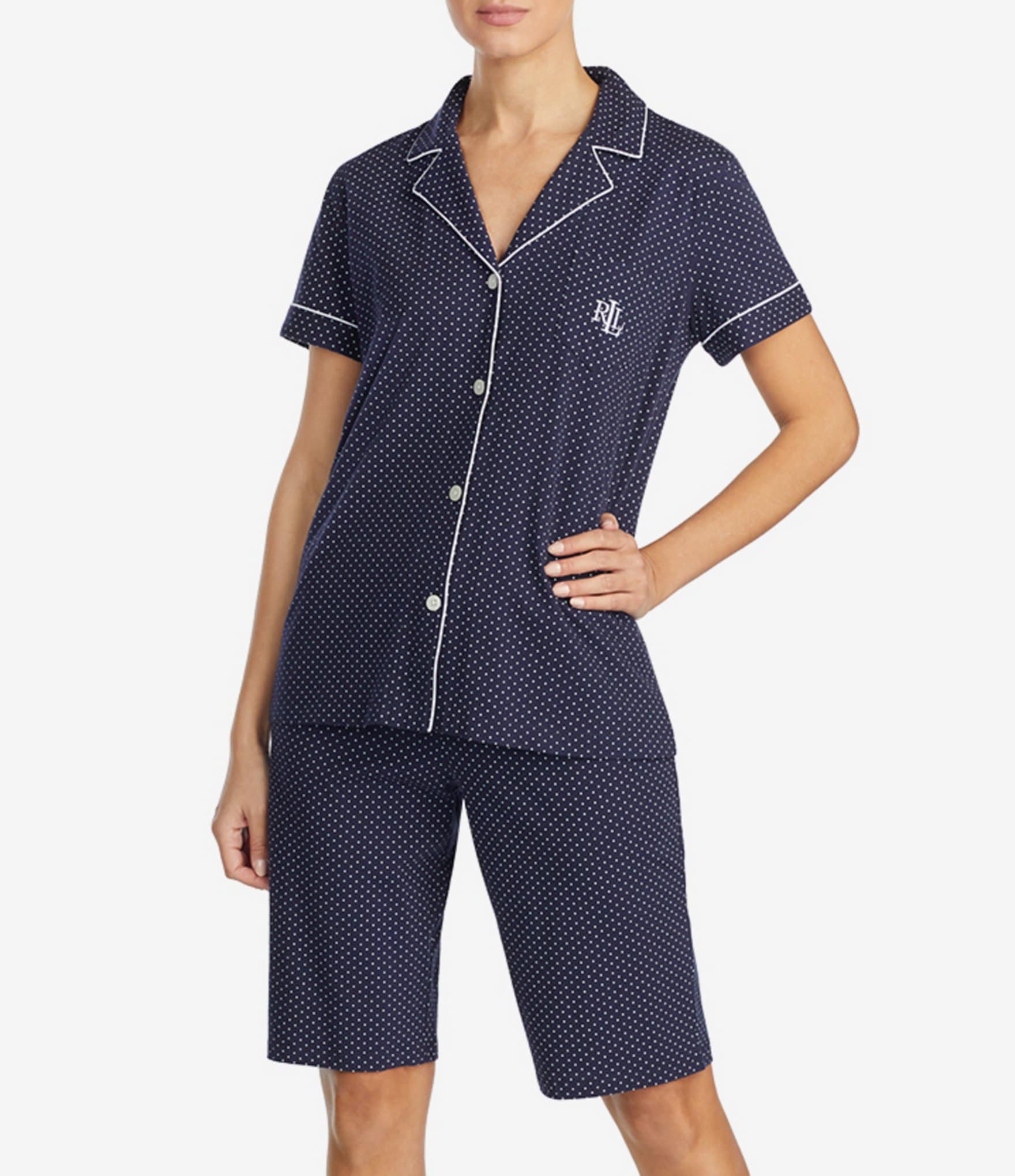 Lauren Ralph Lauren Short Sleeve Notch Lapel Collar Elastic Waist Bermuda Coordinating Pajama Set