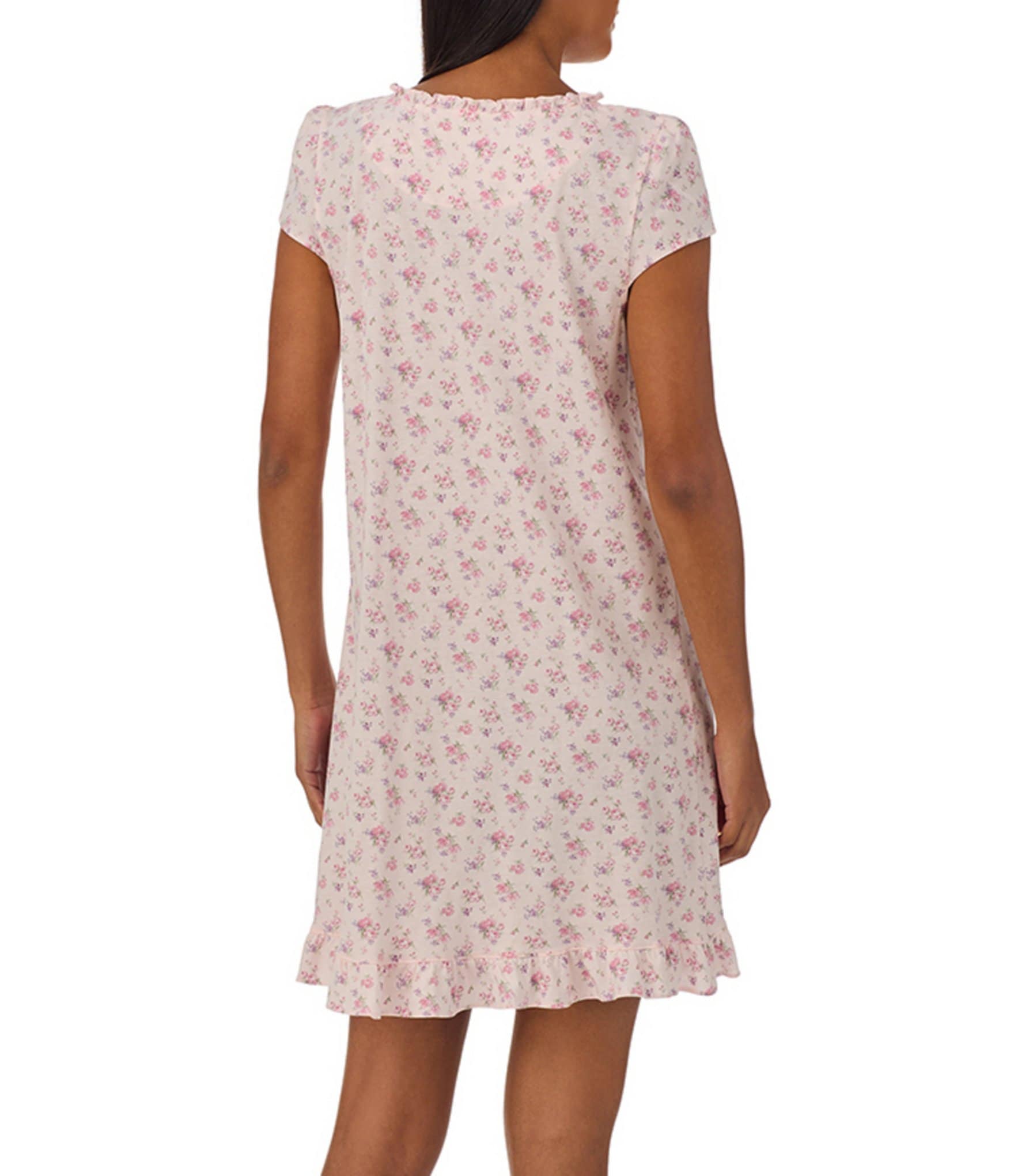 Lauren Ralph Lauren Short Sleeve Ruffle Neck Floral Knit Nightgown