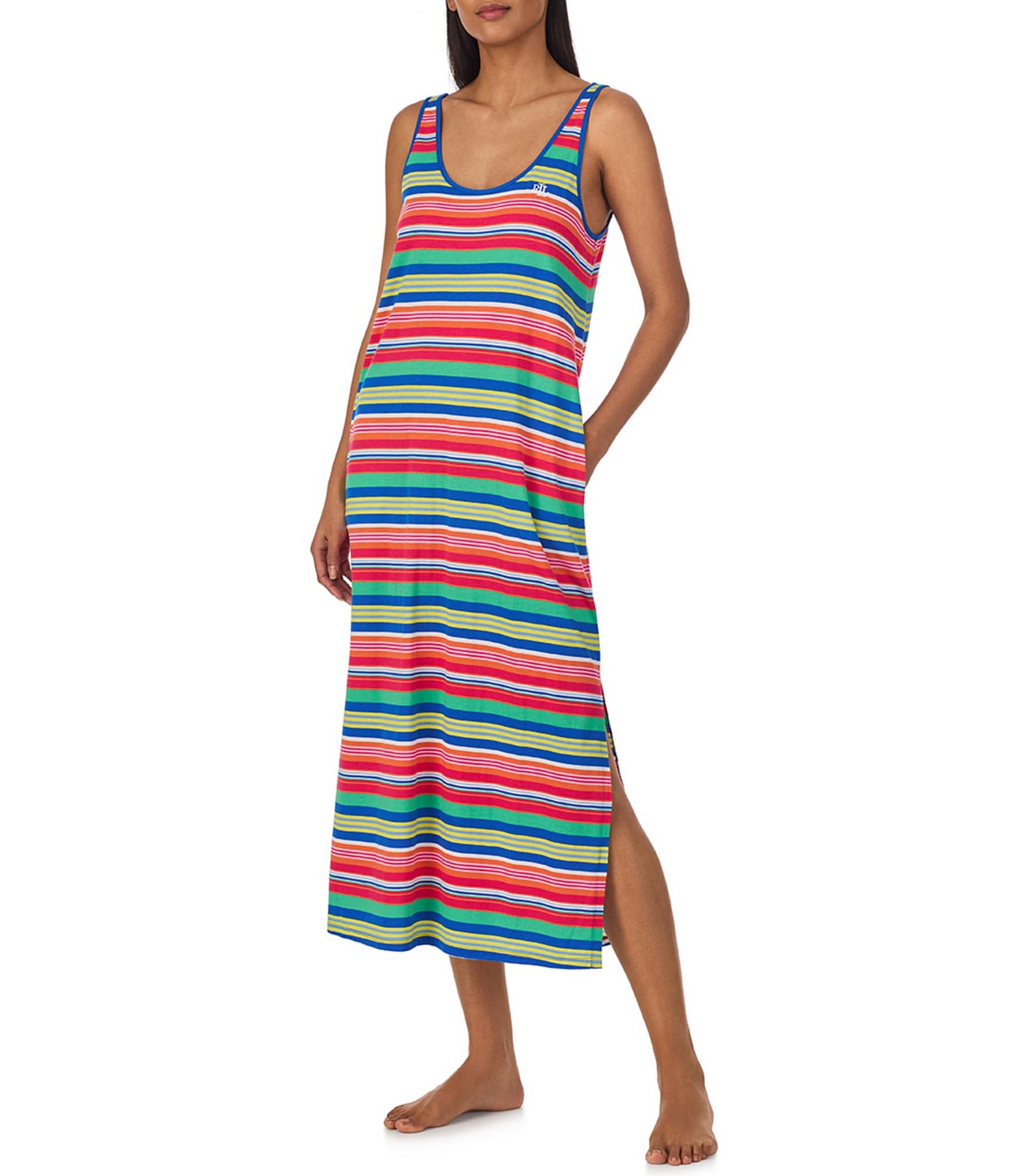 Lauren Ralph Lauren Sleeveless Jersey Knit Striped Maxi Nightgown