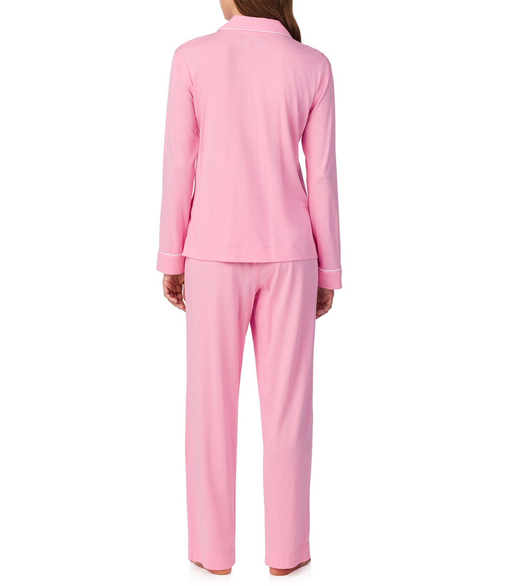 Lauren Ralph Lauren Solid Long Sleeve Notch Collar Long Jersey Knit Pajama Set