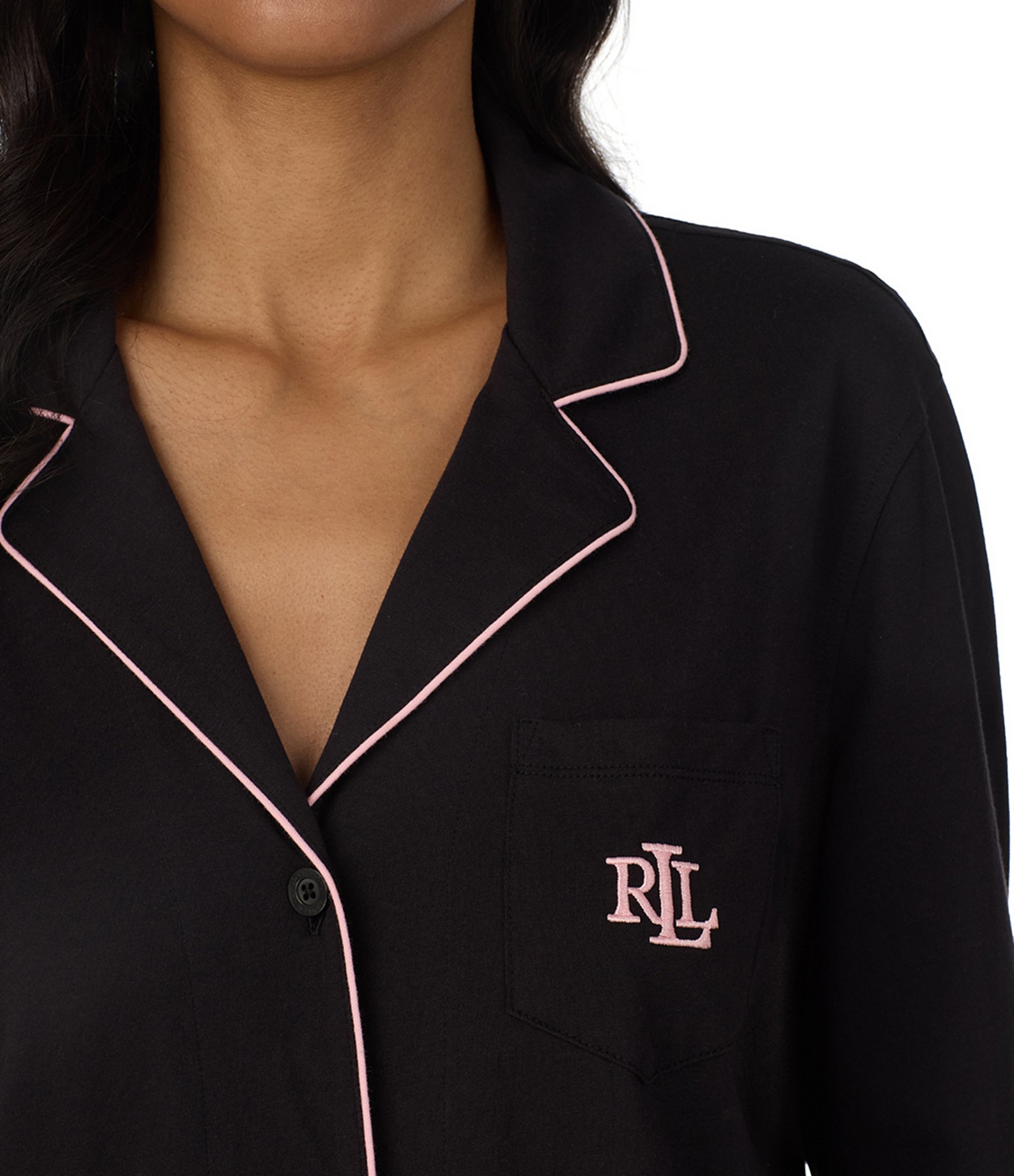 Lauren Ralph Lauren Solid Long Sleeve Notch Collar Long Jersey Knit Pajama Set