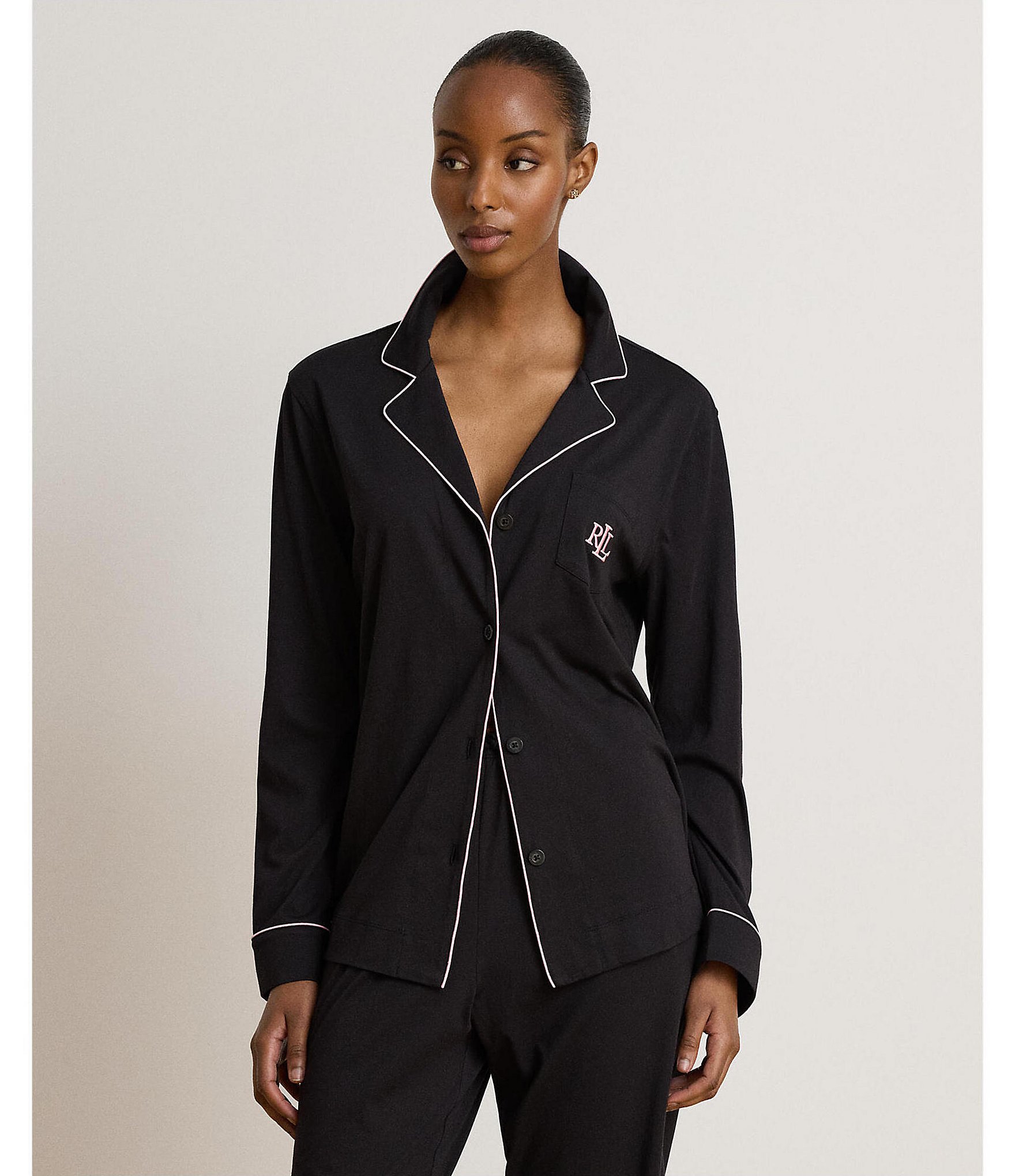 Lauren Ralph Lauren Solid Long Sleeve Notch Collar Long Jersey Knit Pajama Set