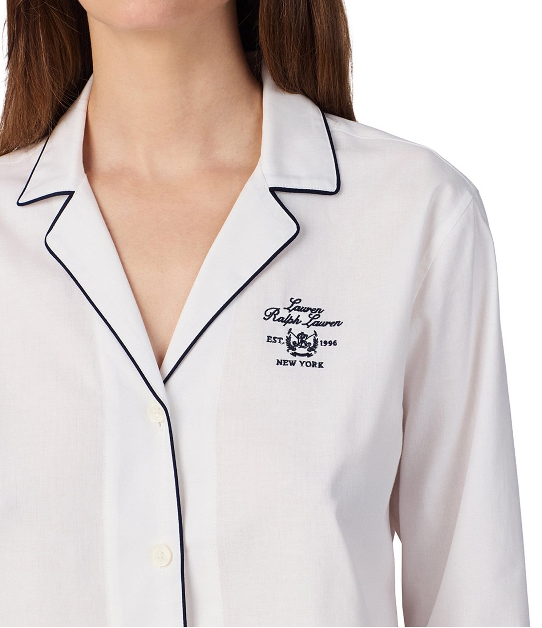 Lauren Ralph Lauren Solid Long Sleeve Notch Collar Woven Cotton Boxer Pajama Set