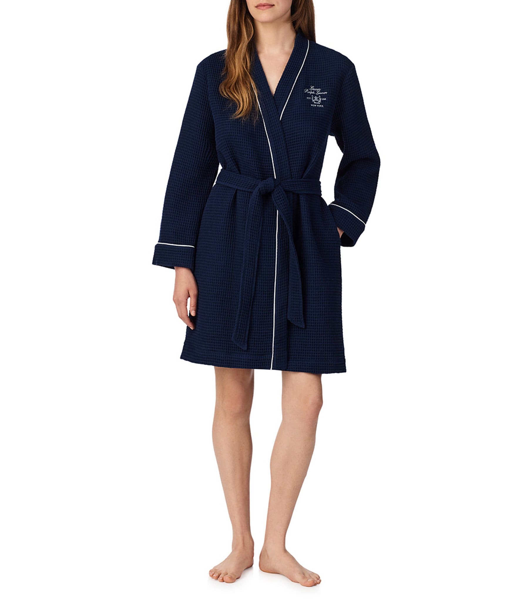 Lauren Ralph Lauren Solid Long Sleeve Shawl Collar Kimono Waffle Terry Knit Short Robe