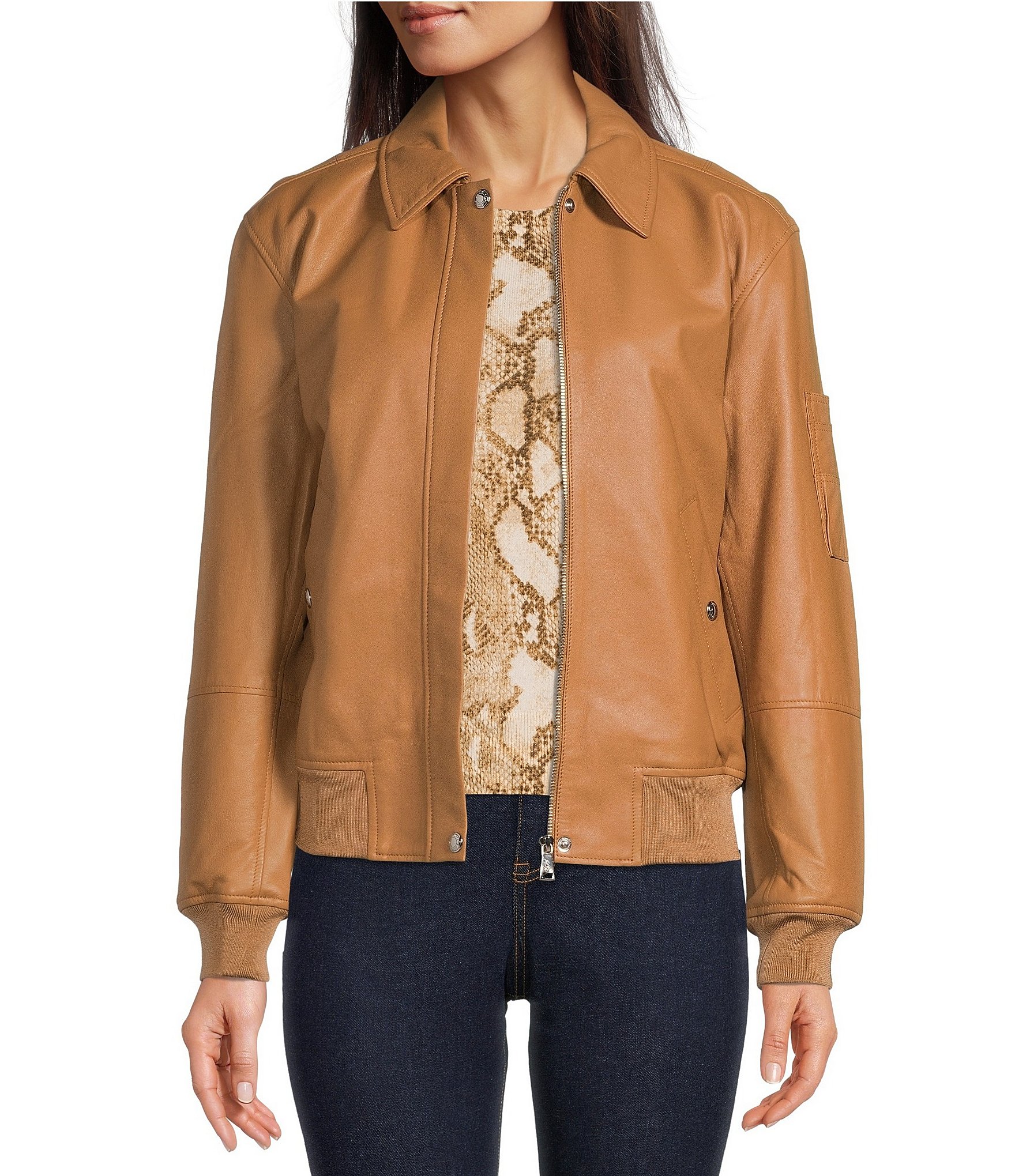 Lauren Ralph Lauren Spread Collar Lambskin Leather Bomber Jacket | Dillard's