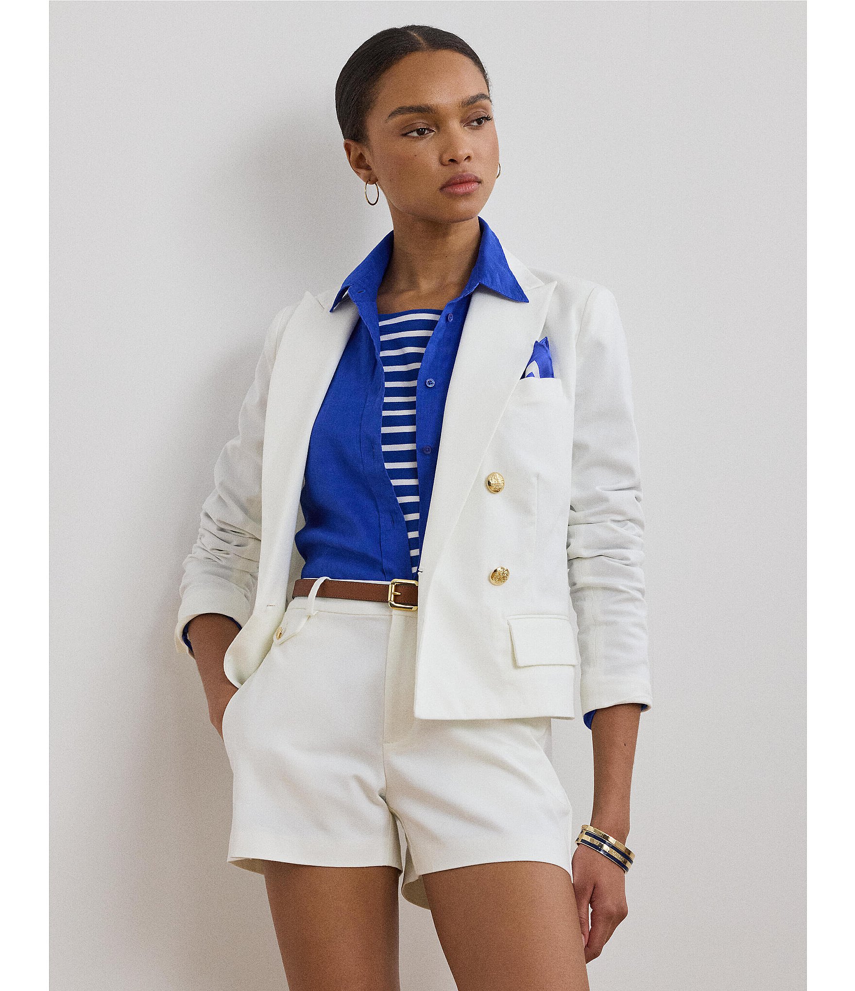 Lauren Ralph Lauren Stretch-Cotton Canvas Double Breasted Peak Lapel Gold Button Blazer