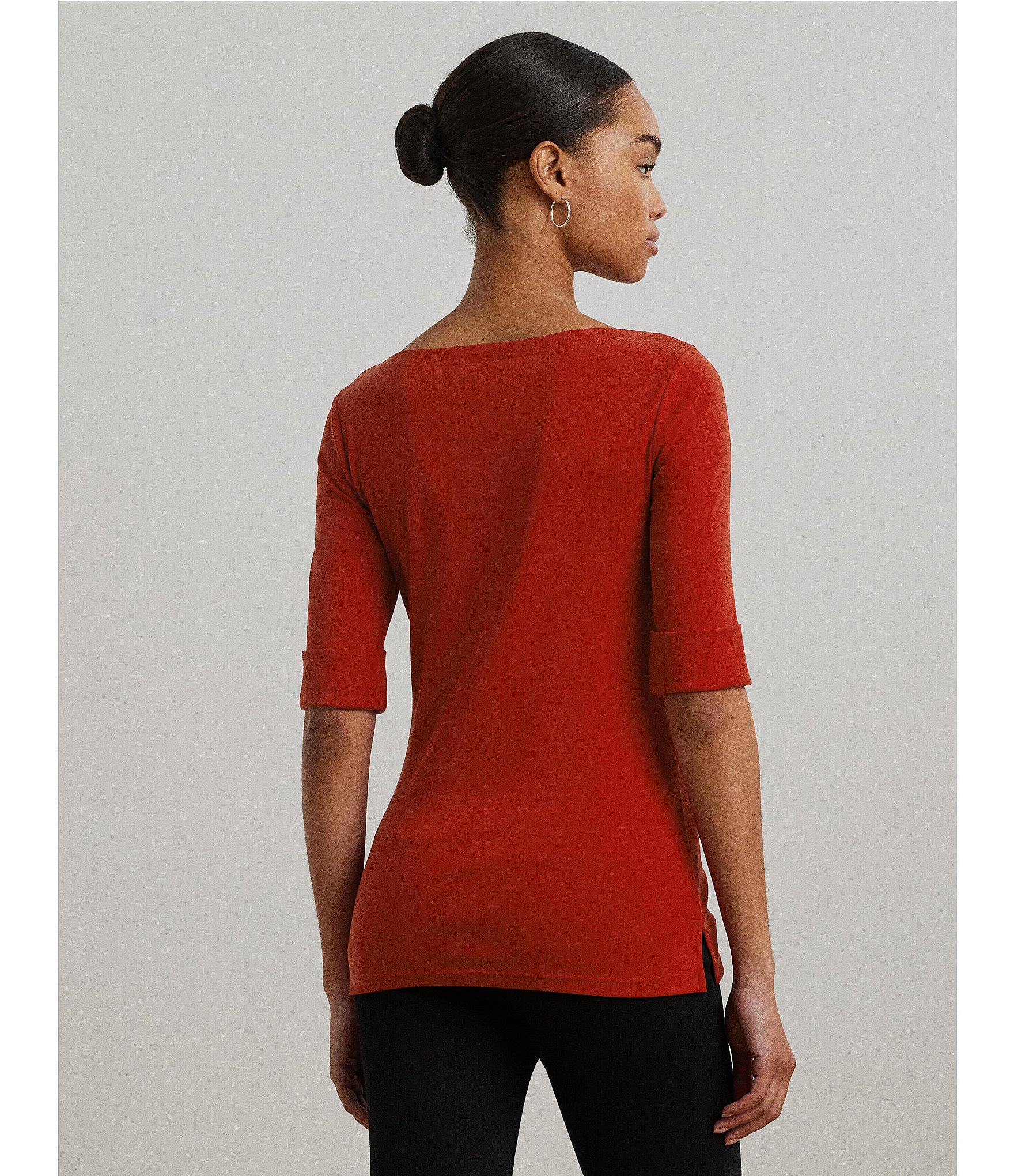 Lauren Ralph Lauren Stretch Cotton Boatneck Elbow-Length Sleeve T-Shirt