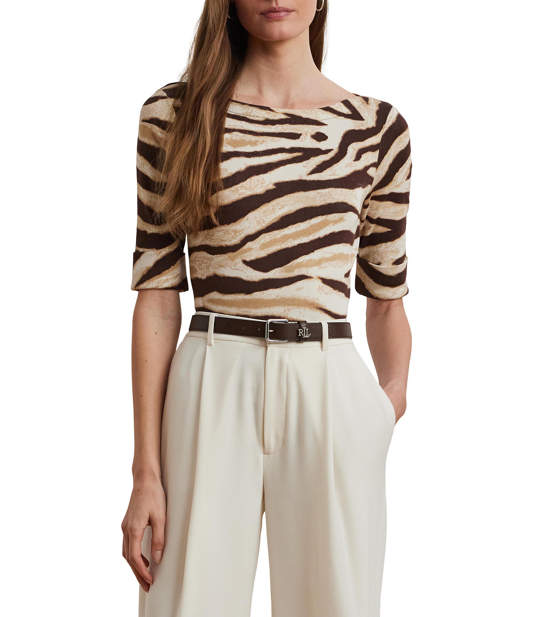 Lauren Ralph Lauren Stretch Cotton Zebra Boat Neck Elbow Sleeve Tee