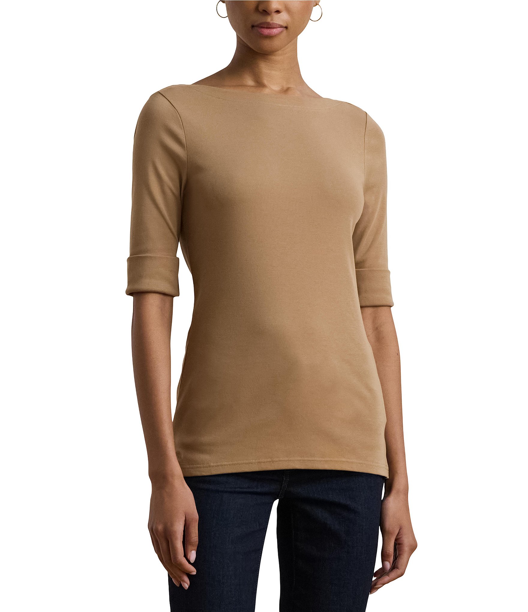 Lauren Ralph Lauren Stretch Knit Boatneck Elbow Sleeve Tee Shirt