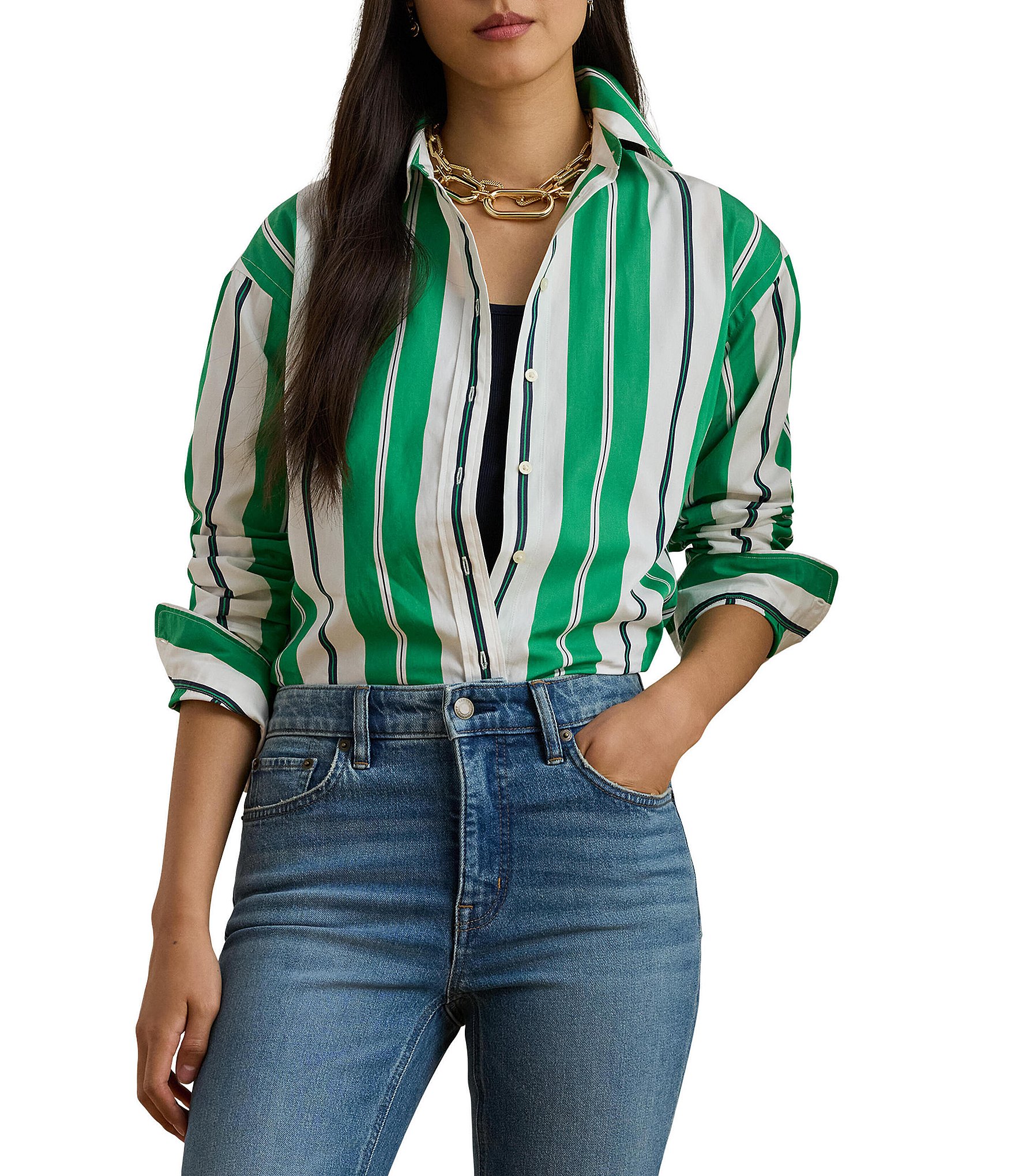 Lauren Ralph Lauren Stripe Point Collar Long Sleeve Button Front Shirt