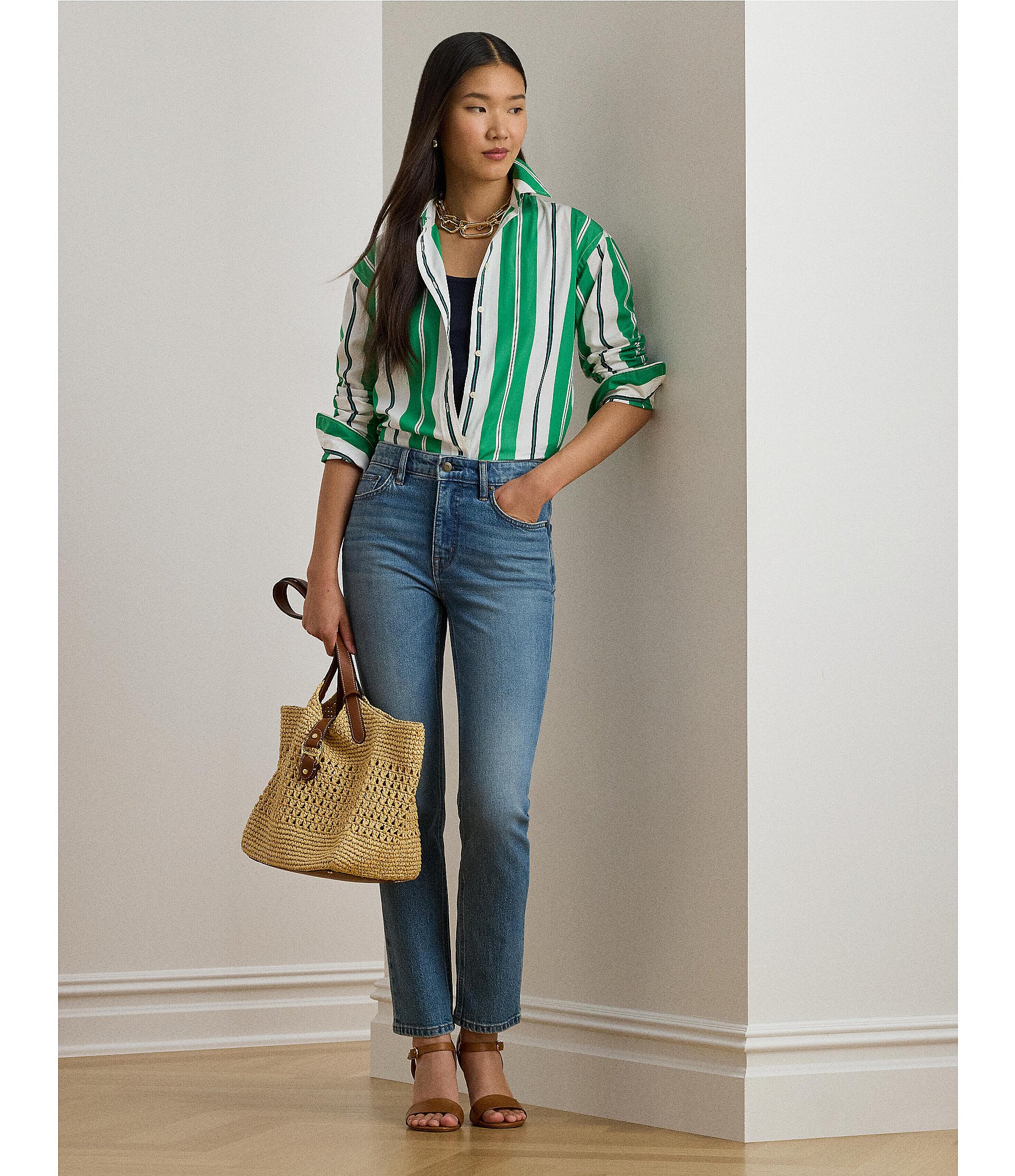 Lauren Ralph Lauren Stripe Point Collar Long Sleeve Button Front Shirt