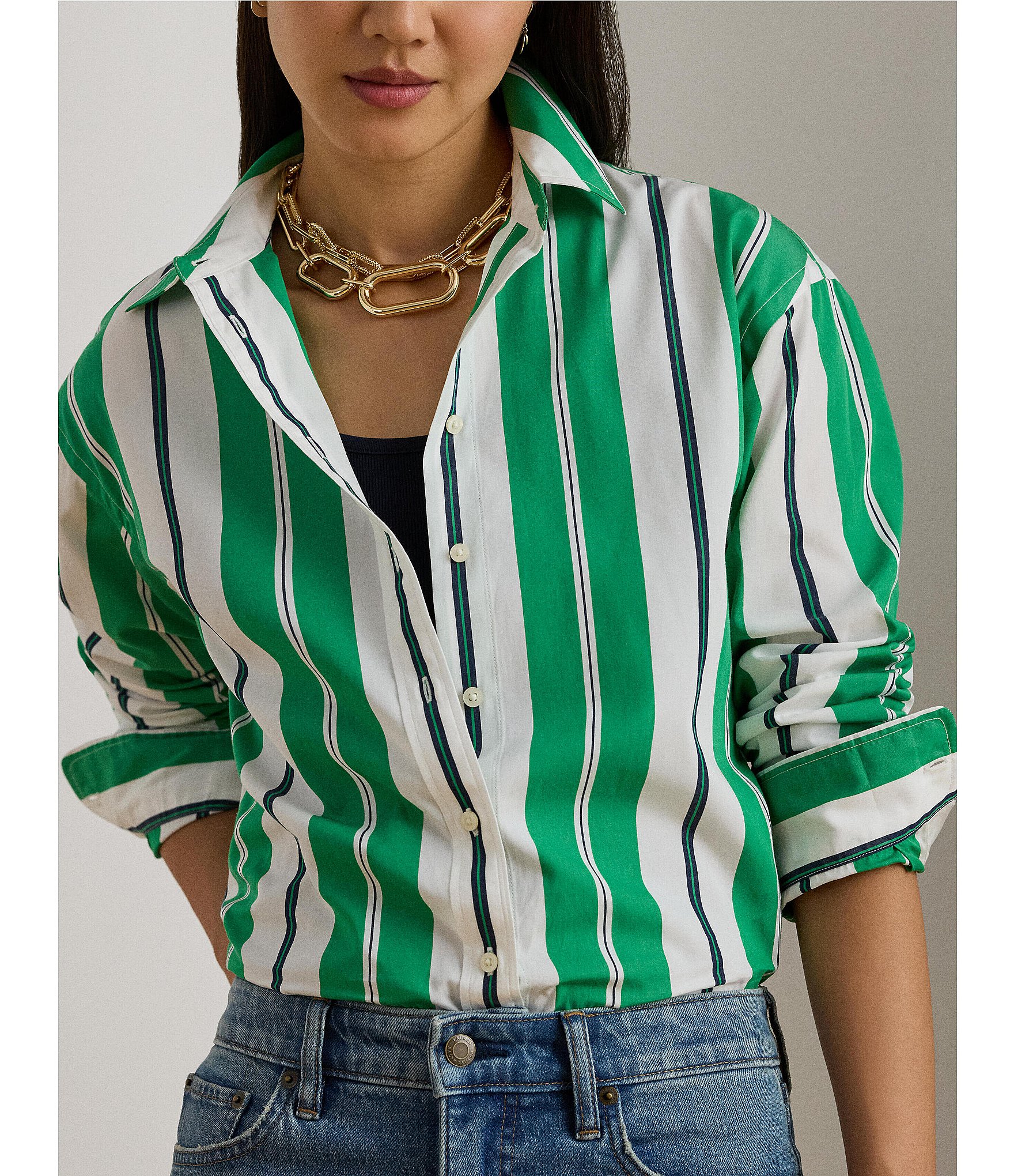 Lauren Ralph Lauren Stripe Point Collar Long Sleeve Button Front Shirt